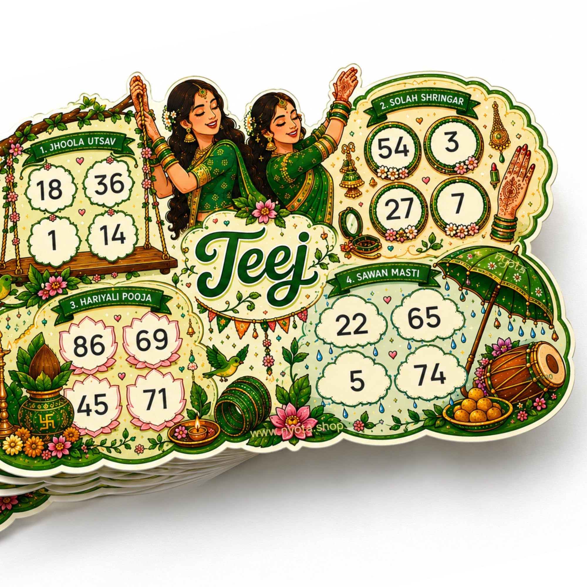 Nyota Teej Theme Tambola Tickets | Premium Printed Housie Tickets | Bingo Cards for Kitty Party, Family Game Night, Teej Festival Celebration, Office Party & Indian Party Games (Pack of 60 Tickets)-picture-27
