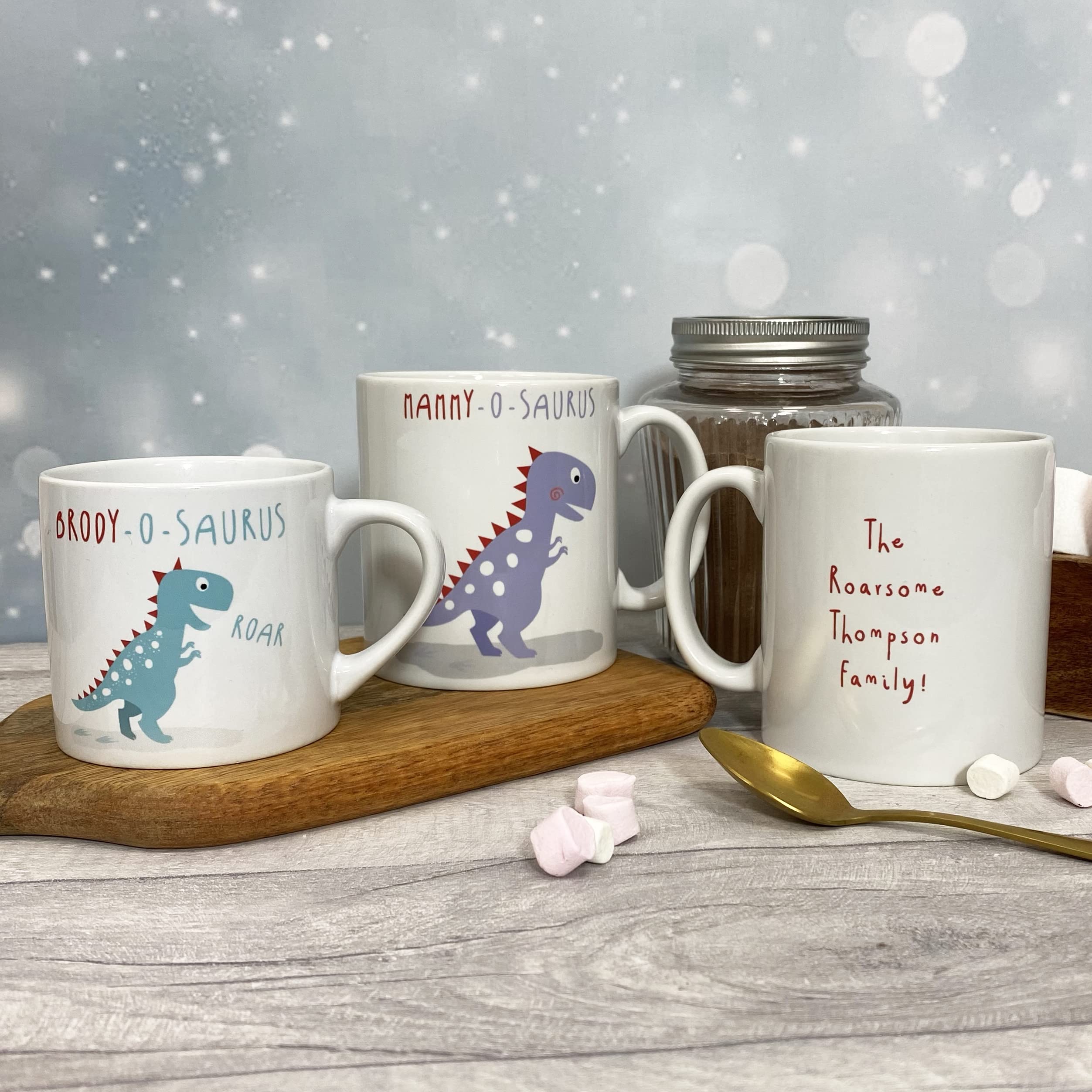 Personalised Parent and Child Mug Set - Father Son Mother Daughter Adult plus Kids Sized Cup Set | Family Baby Chino Mug, Gift Idea for Mother's or Father’s Day Dad Mam (Dinosaur Family Mug Set)