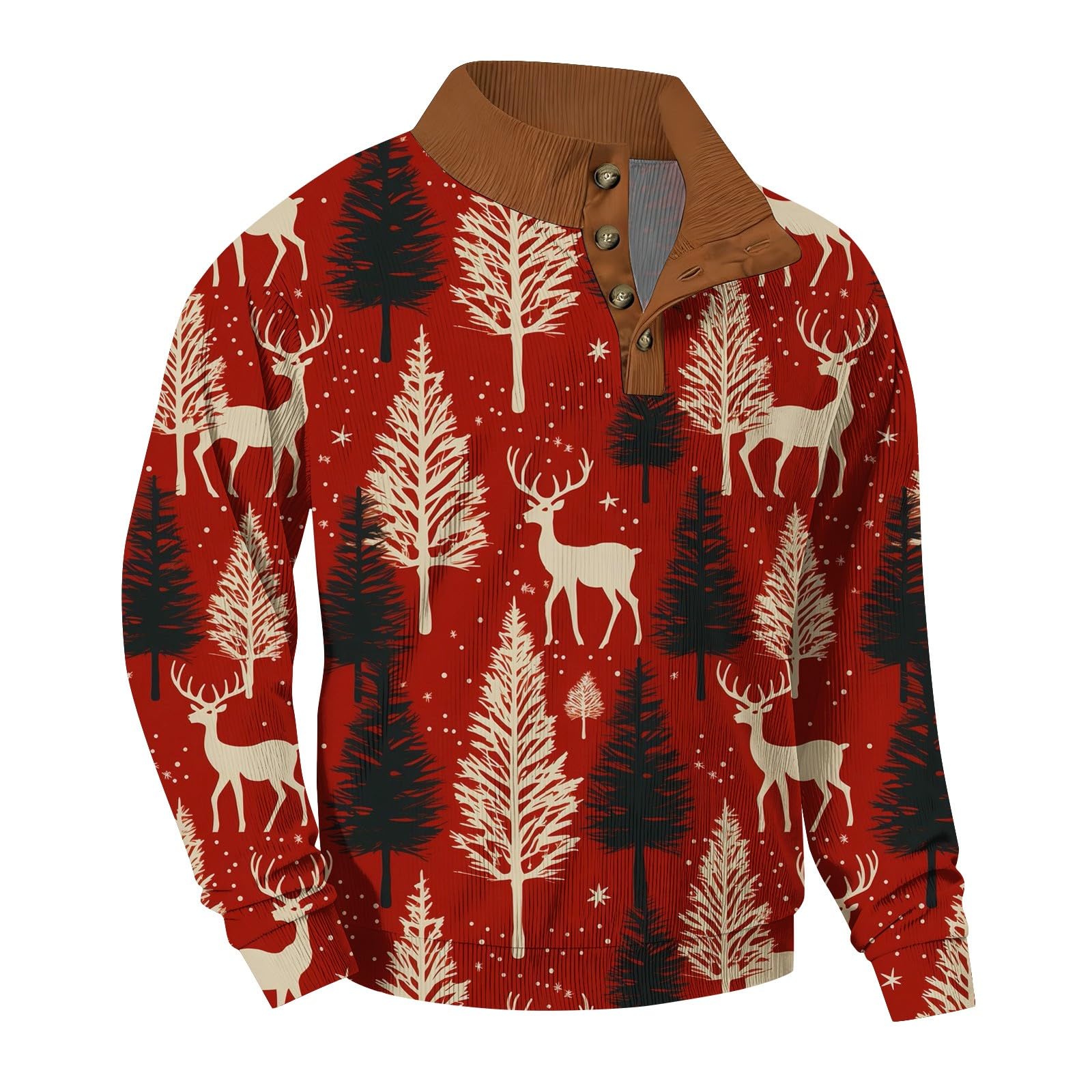 Maglia Uomo Colletto Bottoni Stampa Natale Invernale Senza Cappuccio