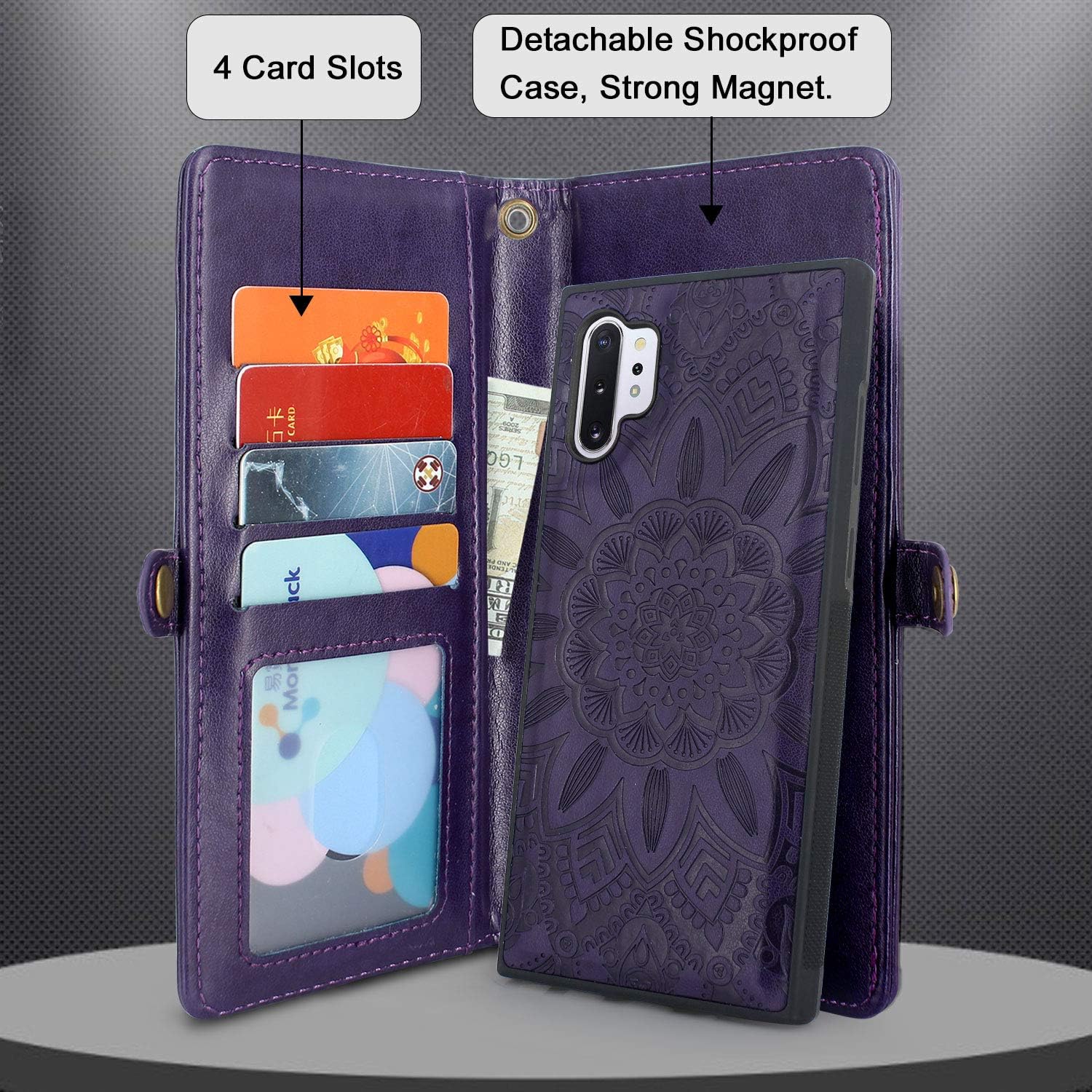 Harryshell Detachable Magnetic 12 Card Slots Wallet Case Shockproof PU Leather Flip Protective Cover Wrist Strap for Samsung Galaxy Note 10+ Plus Case/Note 10 Plus 5G Case (2019) (Floral Purple)