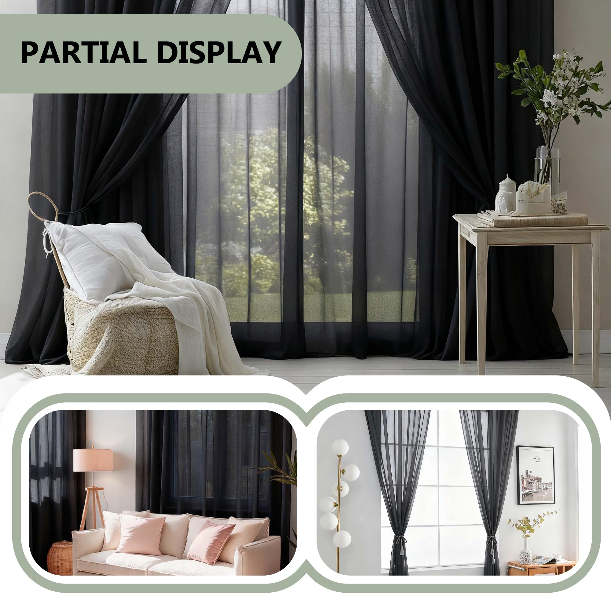 Tende Trasparenti Voile 150 x 300 cm Filtranti Luce Eleganti Tenda Semitrasparenti Interni Moderne per Finestre Camera da Letto Soggiorno Casa Moderna, Nero