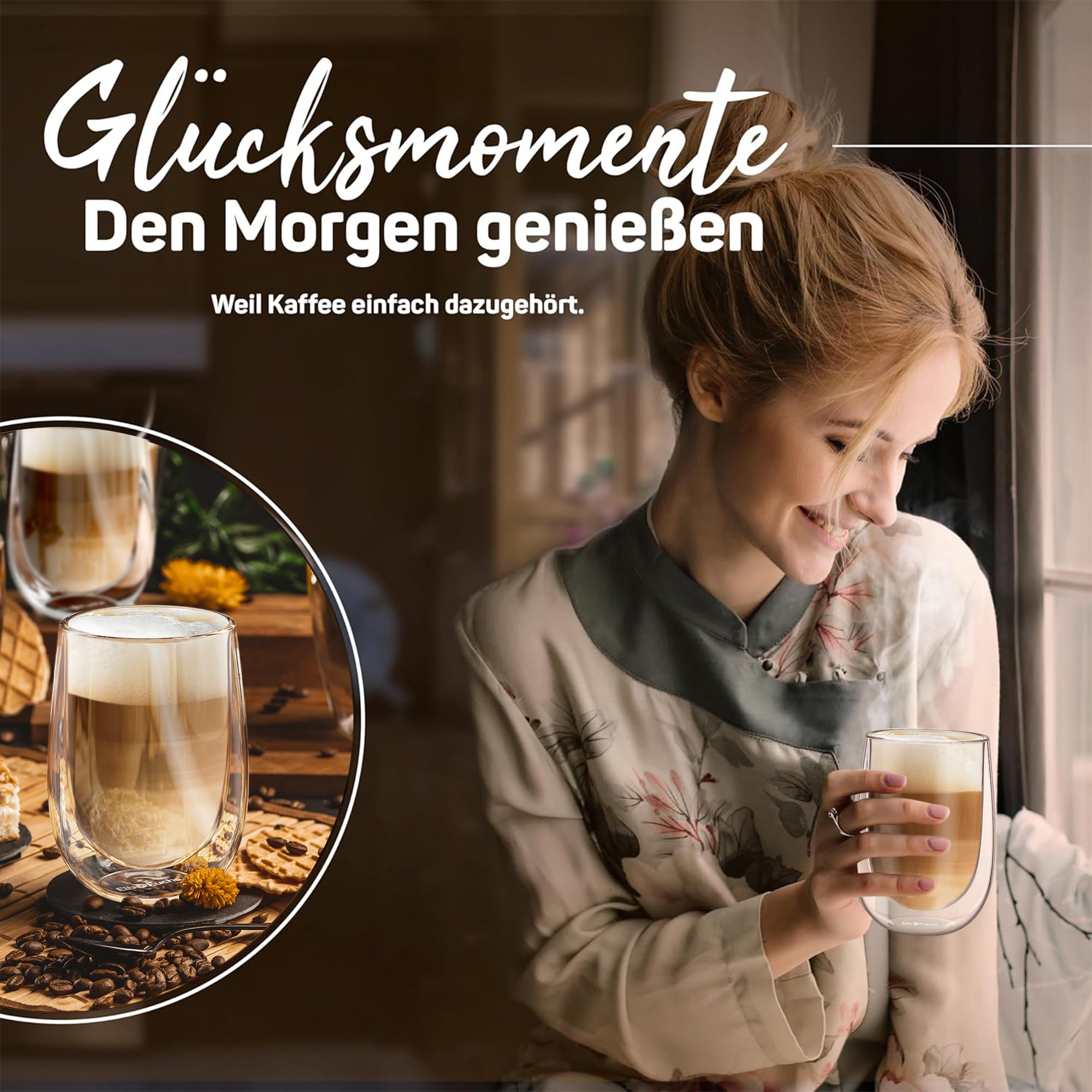 ElbFuchs® Doppelwandige Latte Macchiato Gläser Set [4x 350ml in GASTRO-QUALITÄT] Kristallklare Thermogläser doppelwandig | Ideal als Cappuccino Gläser | Kaffeegläser | Teegläser