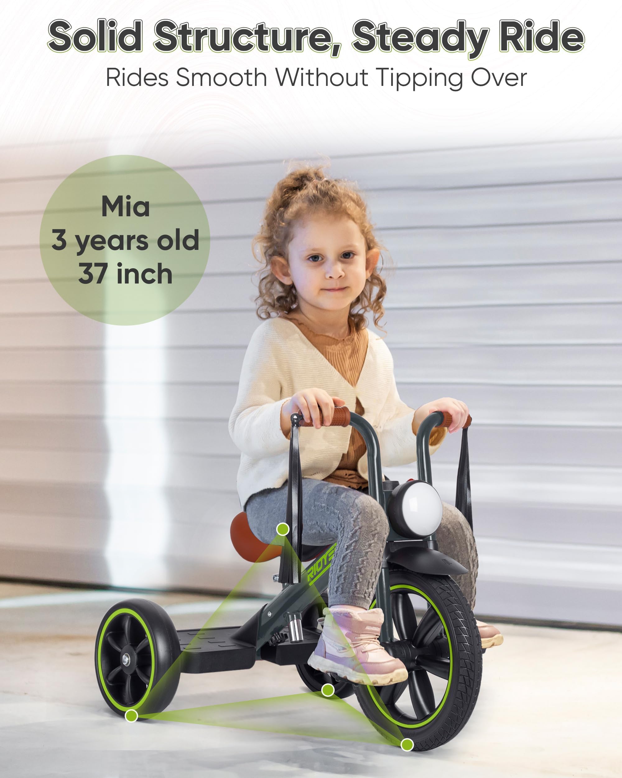 Triciclo para niños de 2 a 5 años, triciclo para 3 años con luz delantera, rueda delantera de goma, manillar suave con serpentinas, asiento ajustable, gris 2