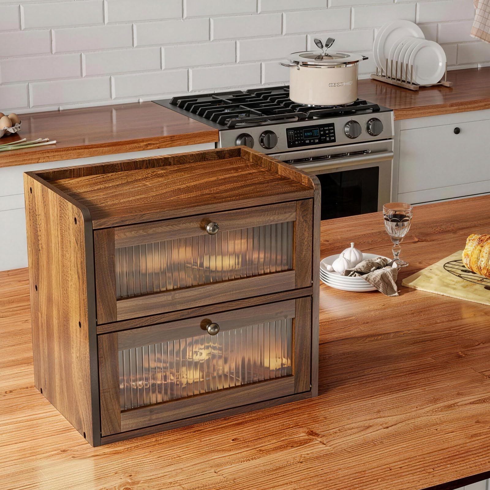 Alpeir Panera grande de doble capa para encimera de cocina, contenedor de almacenamiento de pan de esquina de madera con ventana acrílica, marrón retro