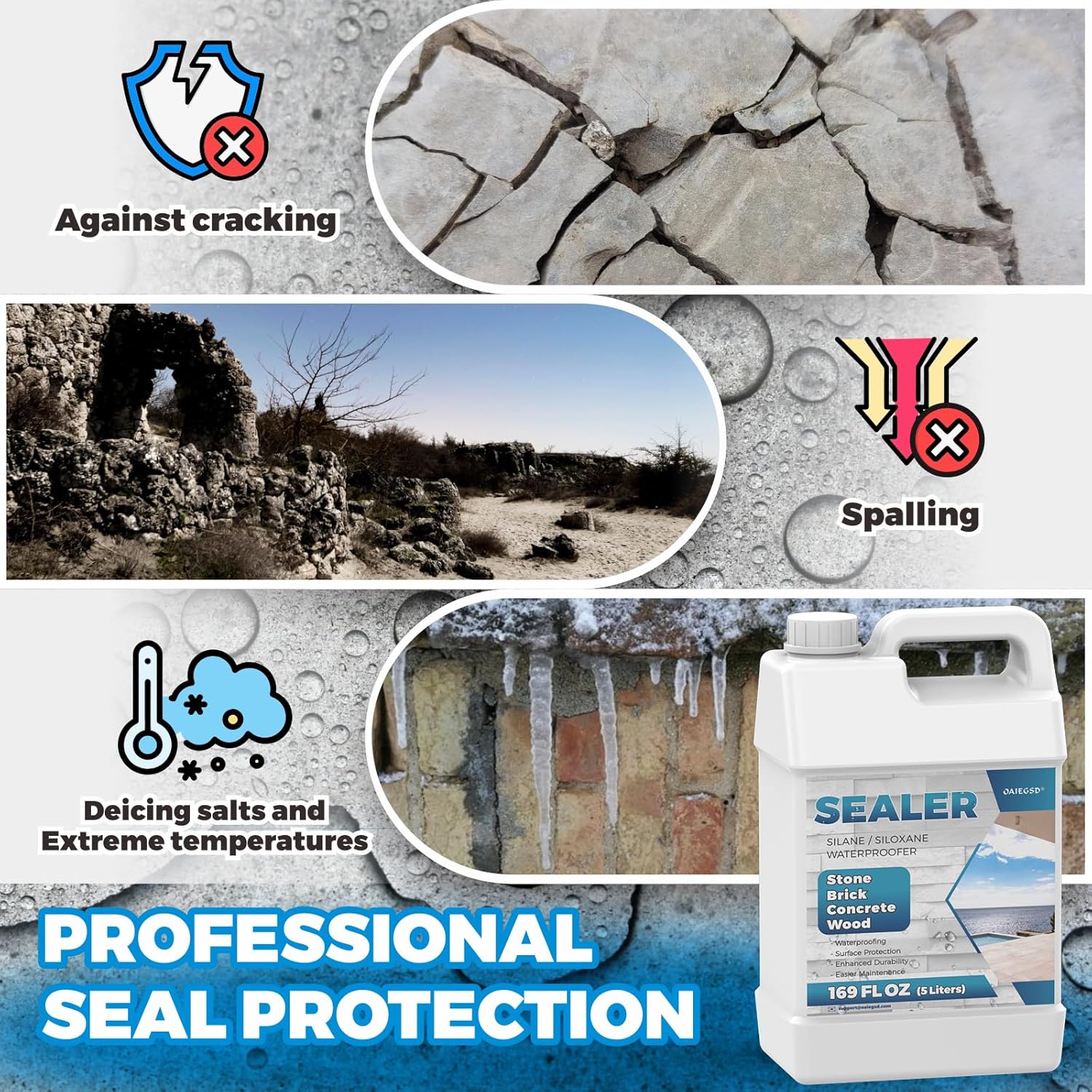 169oz Bricks & Exterior Surfaces, All Purpose Concrete Sealer, Long-Lasting Stone Sealer for All Weather Protection, Penetrating Water Repellent Protection for Driveways, Patio, Pavers, Floor