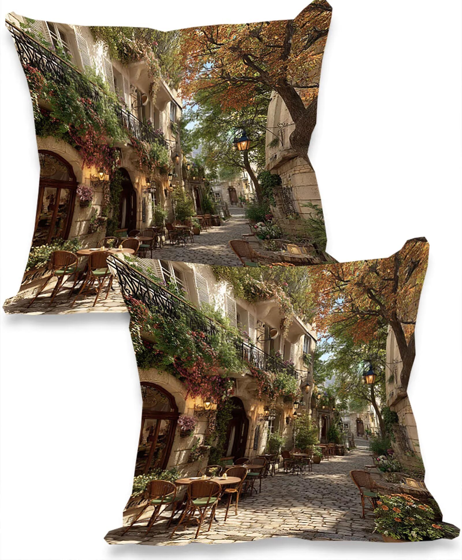 Straßenblick Samt Kissenbezug 60 x 60 cm 2er Set Kissenhülle Sofakissen Samtkissen Dekorative Dekokissen Couchkissen Wurfkissenbezug mit Verstecktem Reißverschluss Sofa Wohnzimmer Geschäft 0P-406