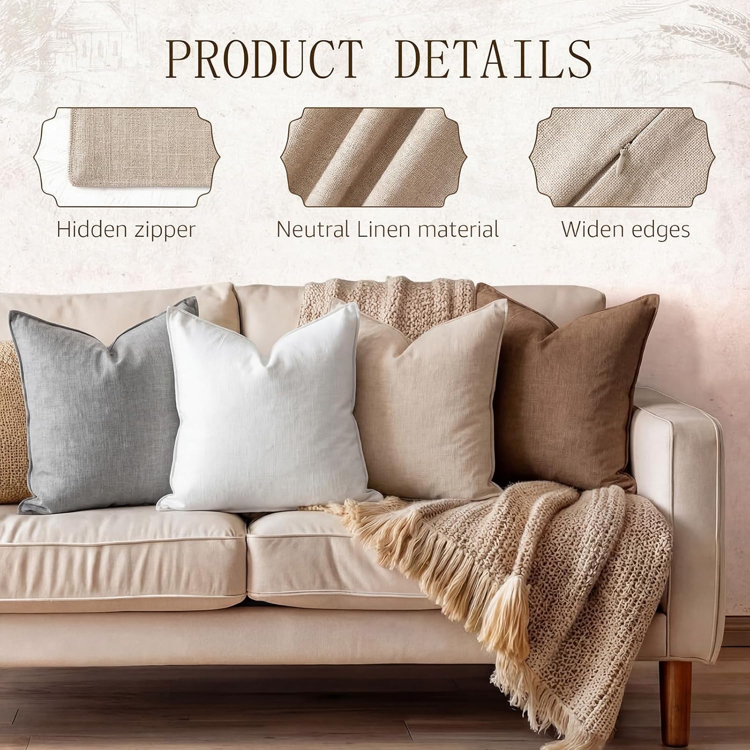 4 Pack 18x18 Inch Linen Pillow Covers Decorative Neutral Linen Throw Pillows Cases, Soft Rustic Cushions Boho Farmhouse Pillowcases for Bed Sofa Living Room Spring Decor(Neutral Color)