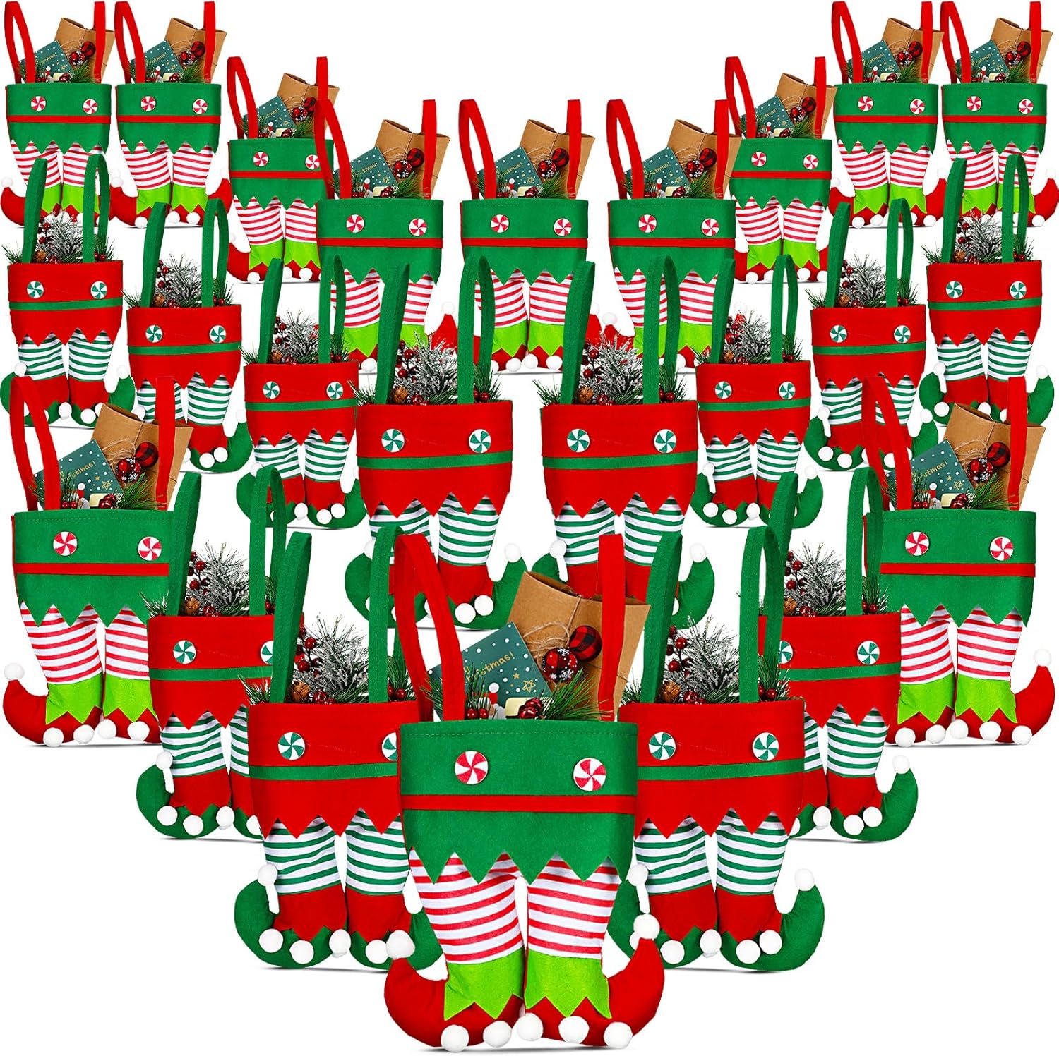 Shappy 24 Pieces Christmas Santa Pants and Elf Boots Candy Bags Elf Foot Present Handbags Stocking Lovely Treat Bags Xmas Goodies Bag for Men Women Christmas Party Favor Decorations