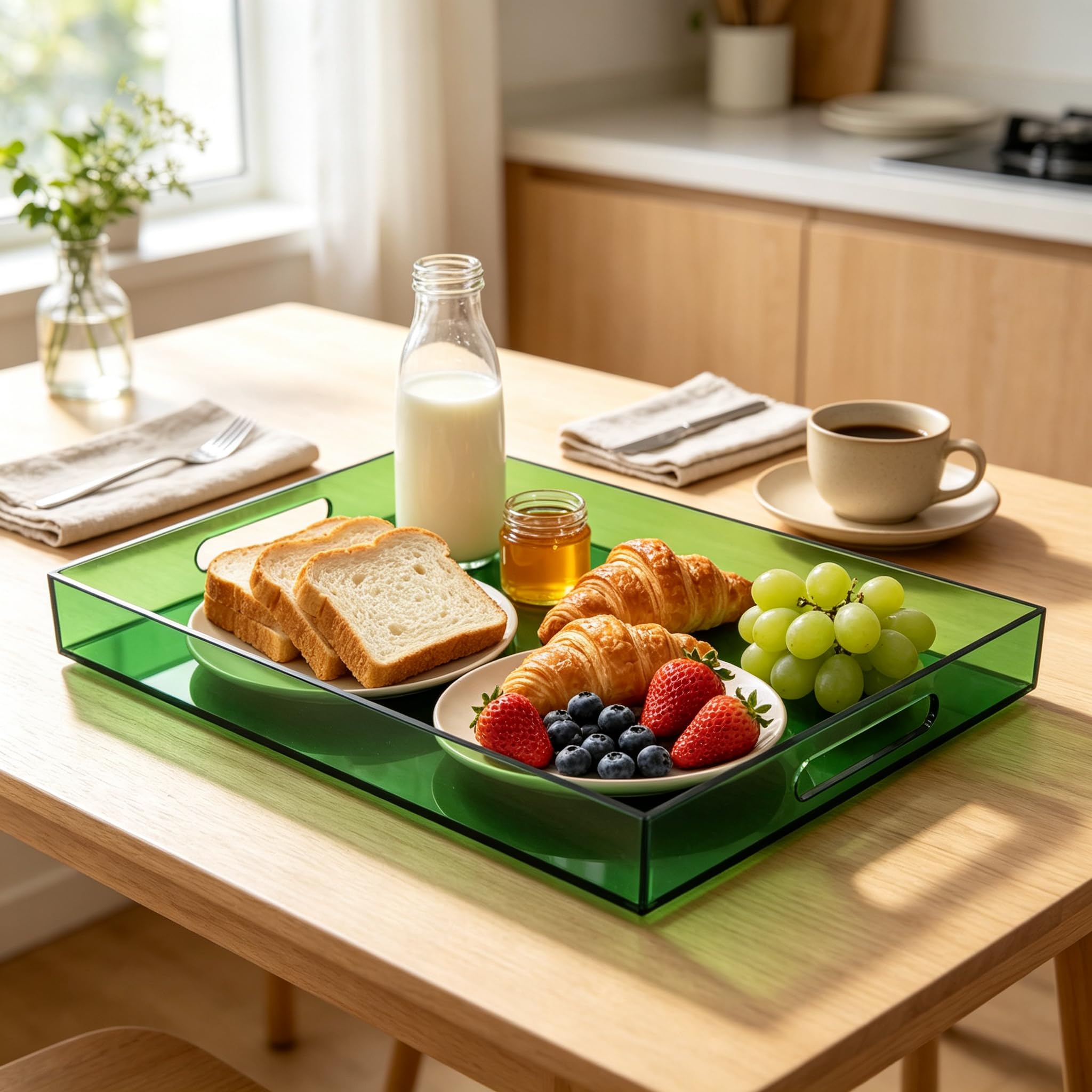 Grand Plateau de Service rectangulaire décoratif en Acrylique avec poignées - pour Bar, Cuisine, fête, 43 x 33 cm, Vert émeraude