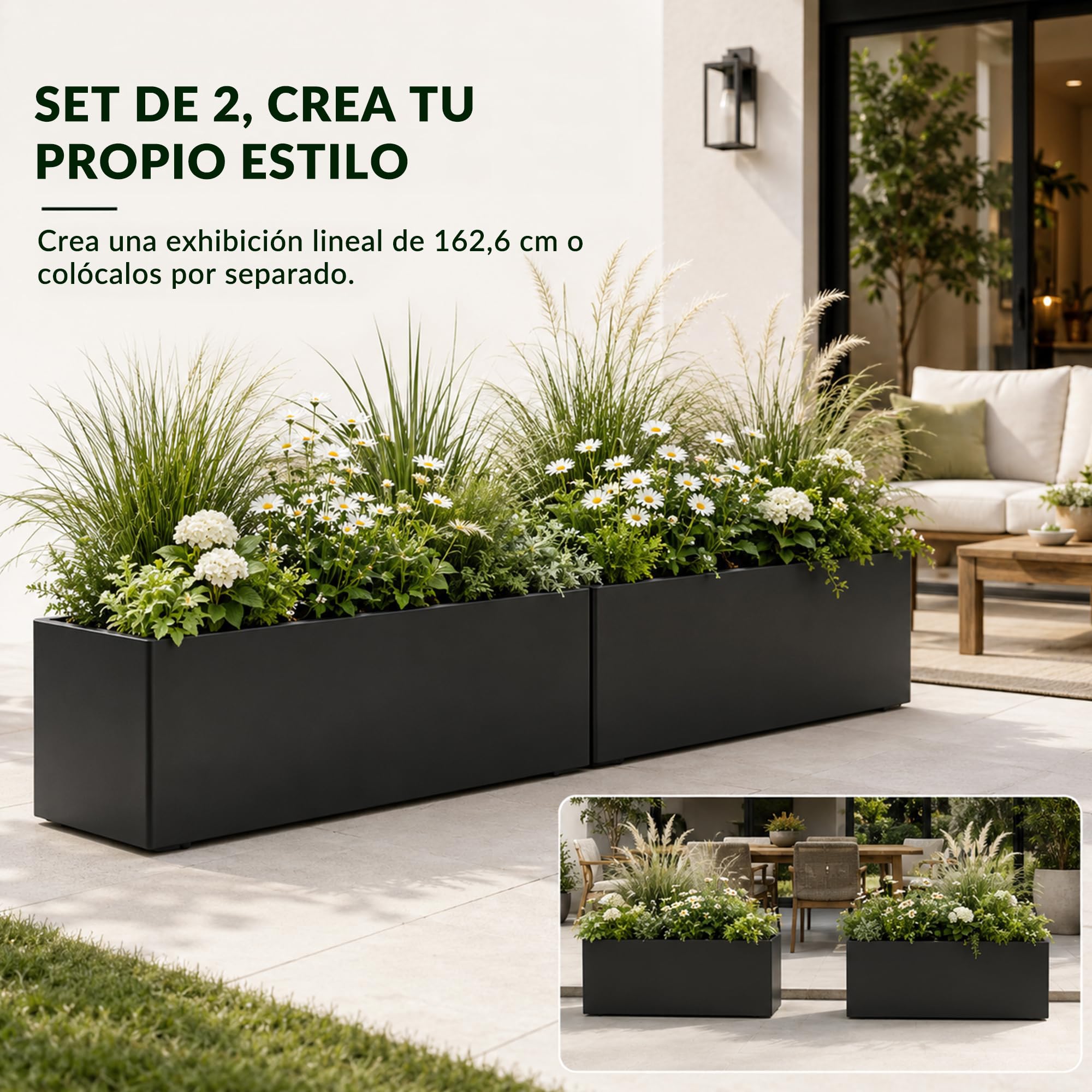 Jardinera Rectangular XXL Grande para Exterior, Set de 2, Jardinera Estrecha de Metal de 70 cm de Largo, Resistente a la Intemperie, Macetero para Flores y Plantas, para Jardín Balcón Terraza y Patio