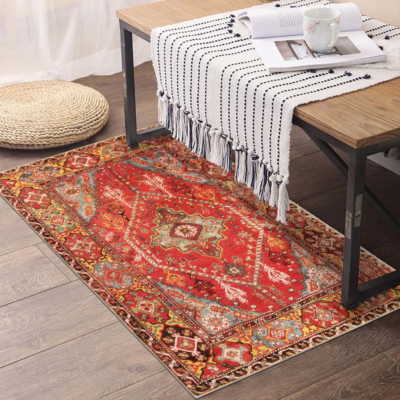 LEEVAN Oriental Floral Area Rug 2.3x3.6 Retro Distressed Doormat Washable Vintage Rug Non-SlipTraditional Entryway Floor Carpet Orange Rug for Living Room Low-Pile Bathroom Kitchen Laundry Room Rug