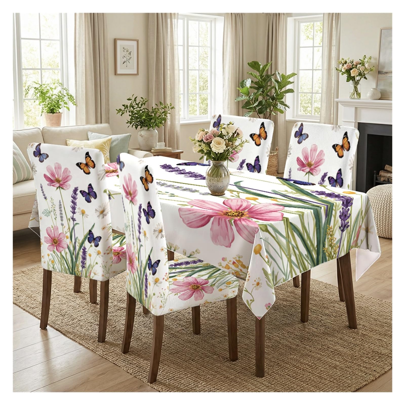 BOSUYBN Spring Wildflower & Colorful Butterfly Print Dining Tablecloth & Chair Covers Set, 5/7 Piece Fresh Garden Cottage Dining Decor Table Setting(5pcs Set: Tablecloth+Chair Covers)