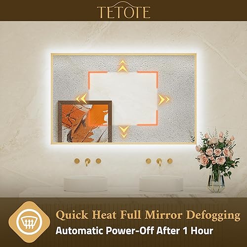Miniatura 3 de TETOTE Espejo de baño retroiluminado de 24 x 36 pulgadas, marco de metal dorado cepillado, luz LED, 3 colores, blancocálidonatural, sin escalones,