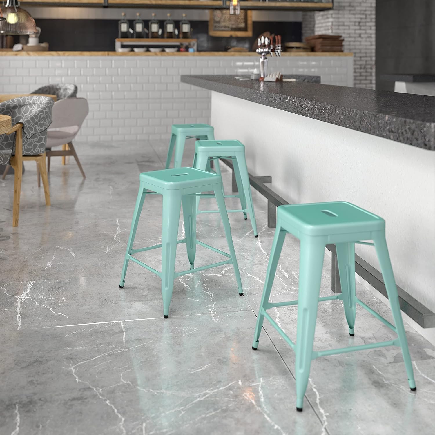 BizChair Commercial Grade 24 H Backless Mint Green Indoor-Outdoor Counter Height Stool