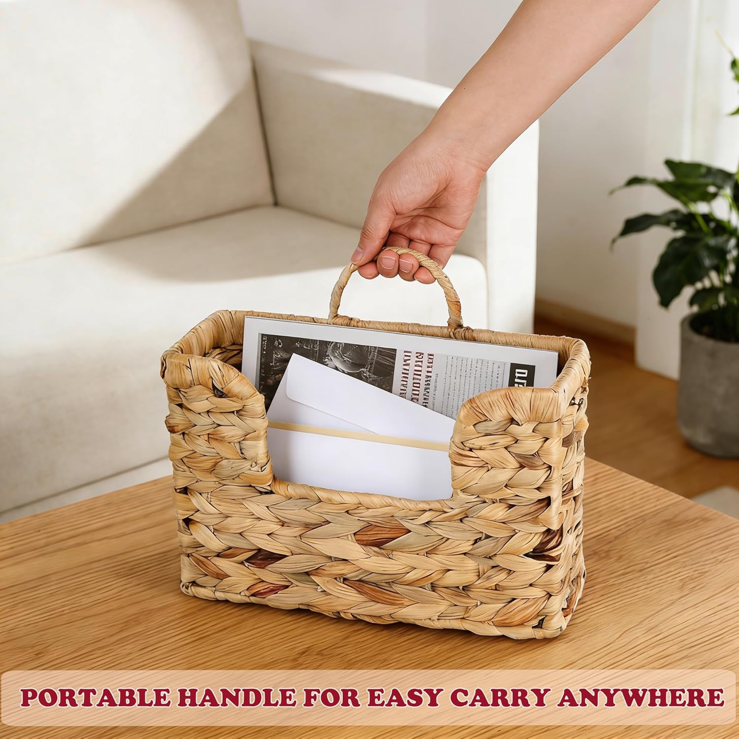 Hanging Magazine Basket, Woven Wall Magazine Holder Organizer with Handle for Mail, Files, Books - Water Hyacinth Farmhouse Storage Rack for Bathroom, Kitchen, Office