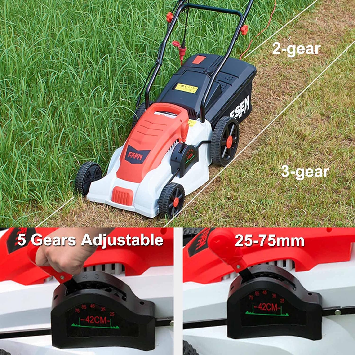 review BKWJ Electric Corded Lawn Mower, 2000W Walk-Behind Lawnmower, Heavy Duty Brushless Dethatcher, 5-Gear Adjustable Height, Garden Lawn Sweeper,1500W