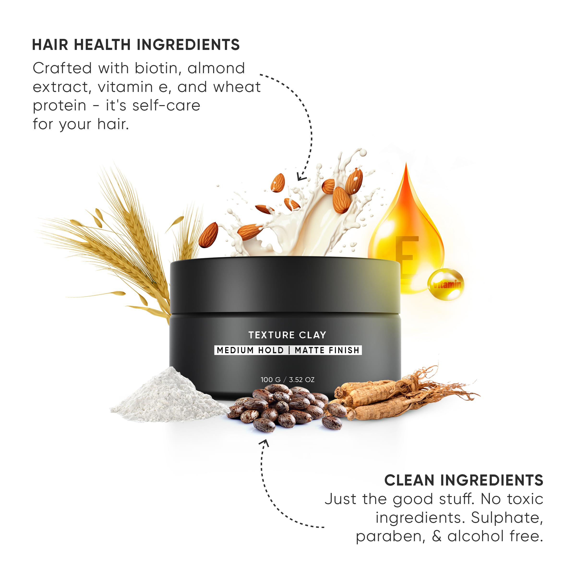 Dasher Texture Clay For Men's Hair (100g), Medium Hold & Matte Finish Puck, Easy To Apply, Flexible Hold & Water-Based, With Vitamin E & Biotin 1