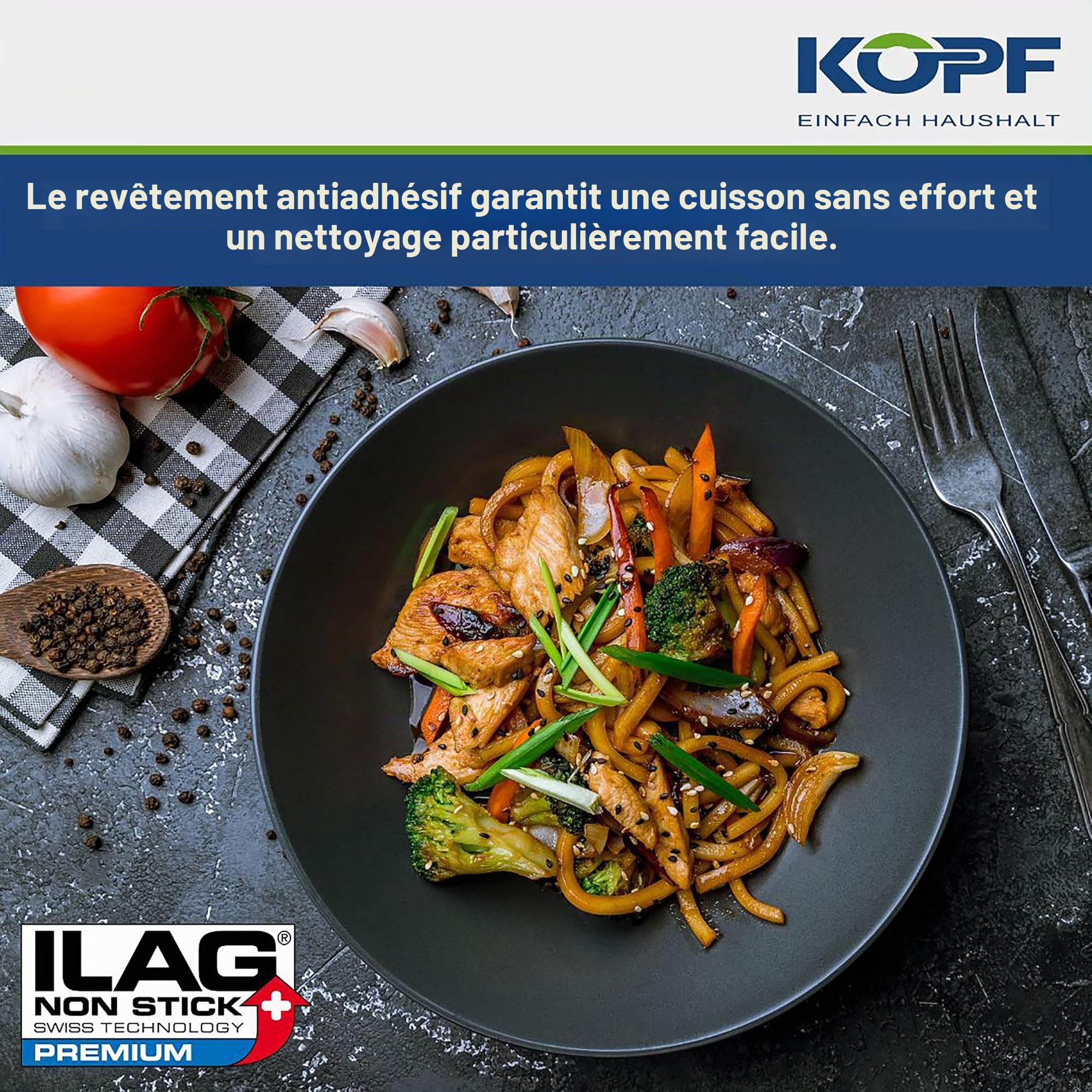 Kopf 124184 Wok Mai-Lu, fonte d’aluminium, Ø 36 cm, avec couvercle en verre et accessoires