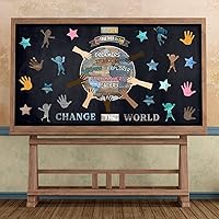 Vista 6 de 88 piezas de decoración de pared para el aula de One World Together, We Can Change The World, recortes de manos con recortes de estrellas