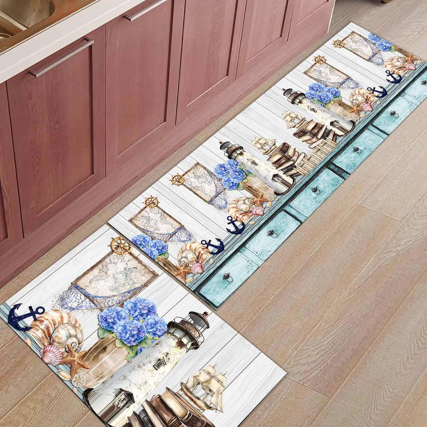 2 Pieces Kitchen Rugs and Mats,Watercolor Retro Lighthouse Flower Book Area Runner Rug Set Non Slip Floor Doormat Washable Carpet Standing Mat for Kitchen Sink Indoor Corridor,Farmhouse Wood Texture