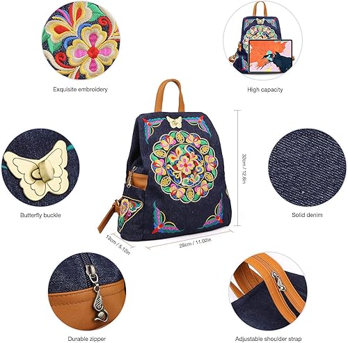 Miniatura 4 de Denim bordado floral lona mochilas para mujeres antirrobo retro jeans viaje estilo étnico bolso de hombro, MochilaBolso, Unitalla, Jean Azul Marino
