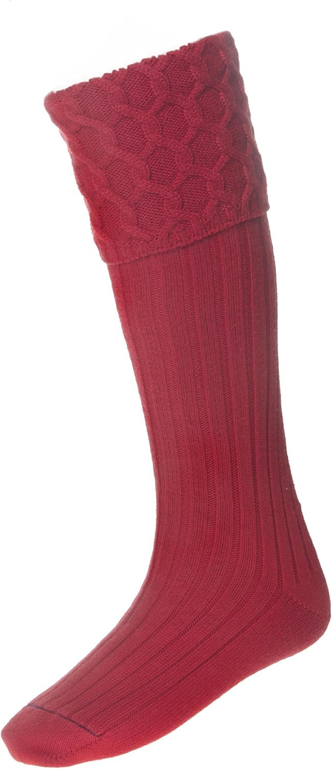 The House of Cheviot Lewis Cable Knit Tartan Red Merino Wool Kilt Hose Socks Made in Scotland