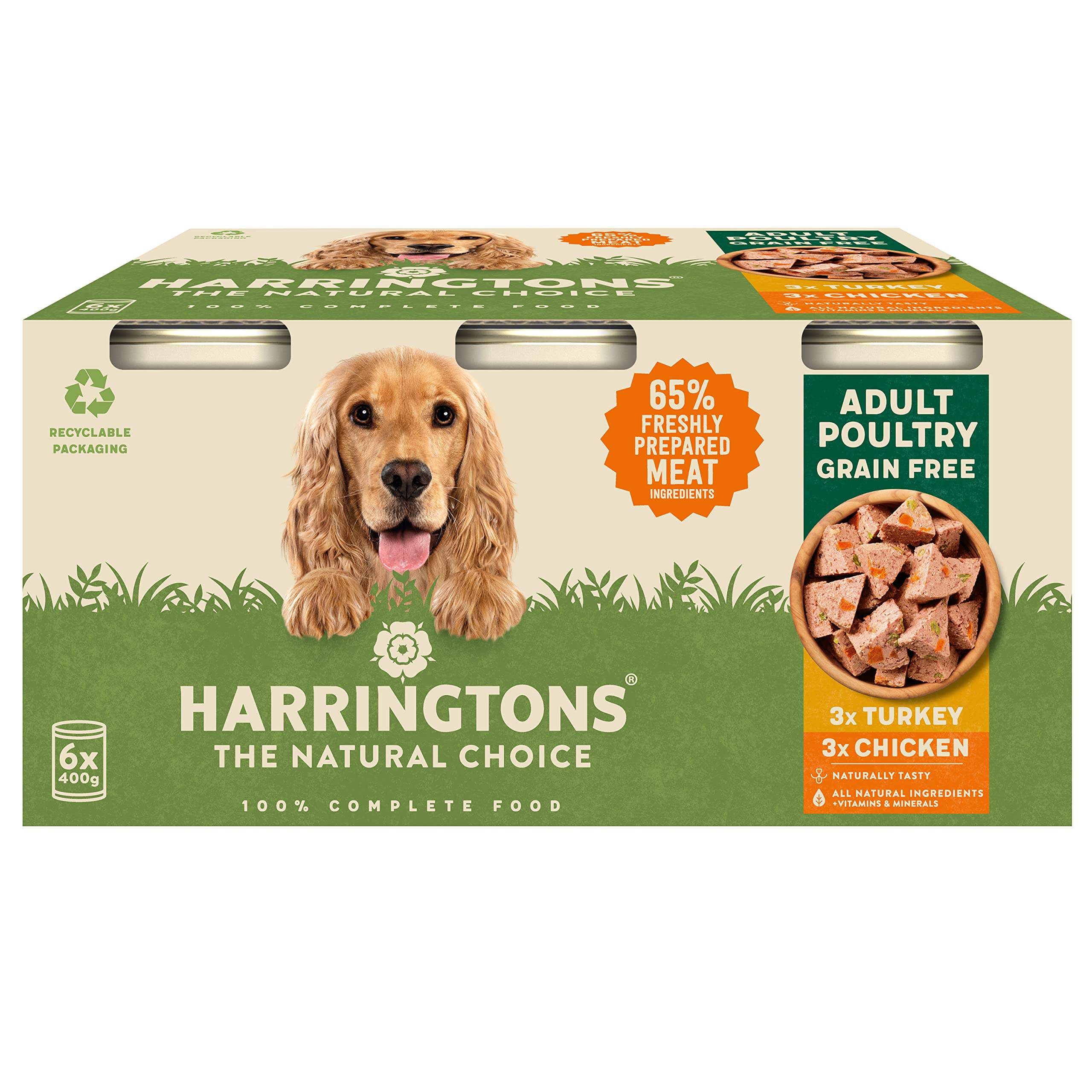 Harringtons Cibo umido completo, senza cereali, ipoallergenico, per cani adulti, confezione da 6 x 400 g, pollo e tacchino, realizzato con ingredienti naturali