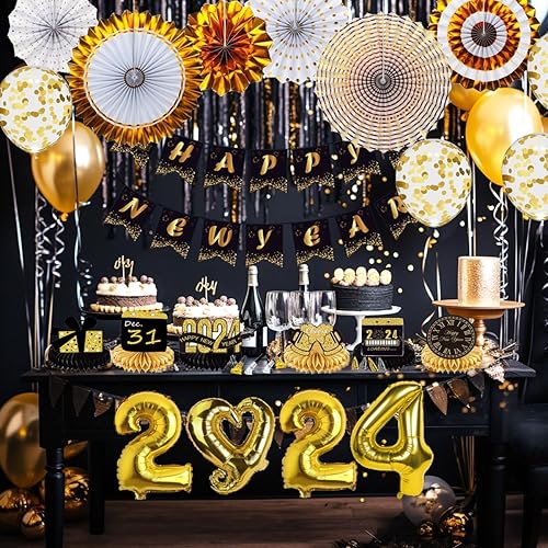 Miniatura 6 de Suministros para fiesta de Año Nuevo 2024, el kit de decoración de Año Nuevo incluye 65 globos de arco, globos de aluminio, centros de mesa y