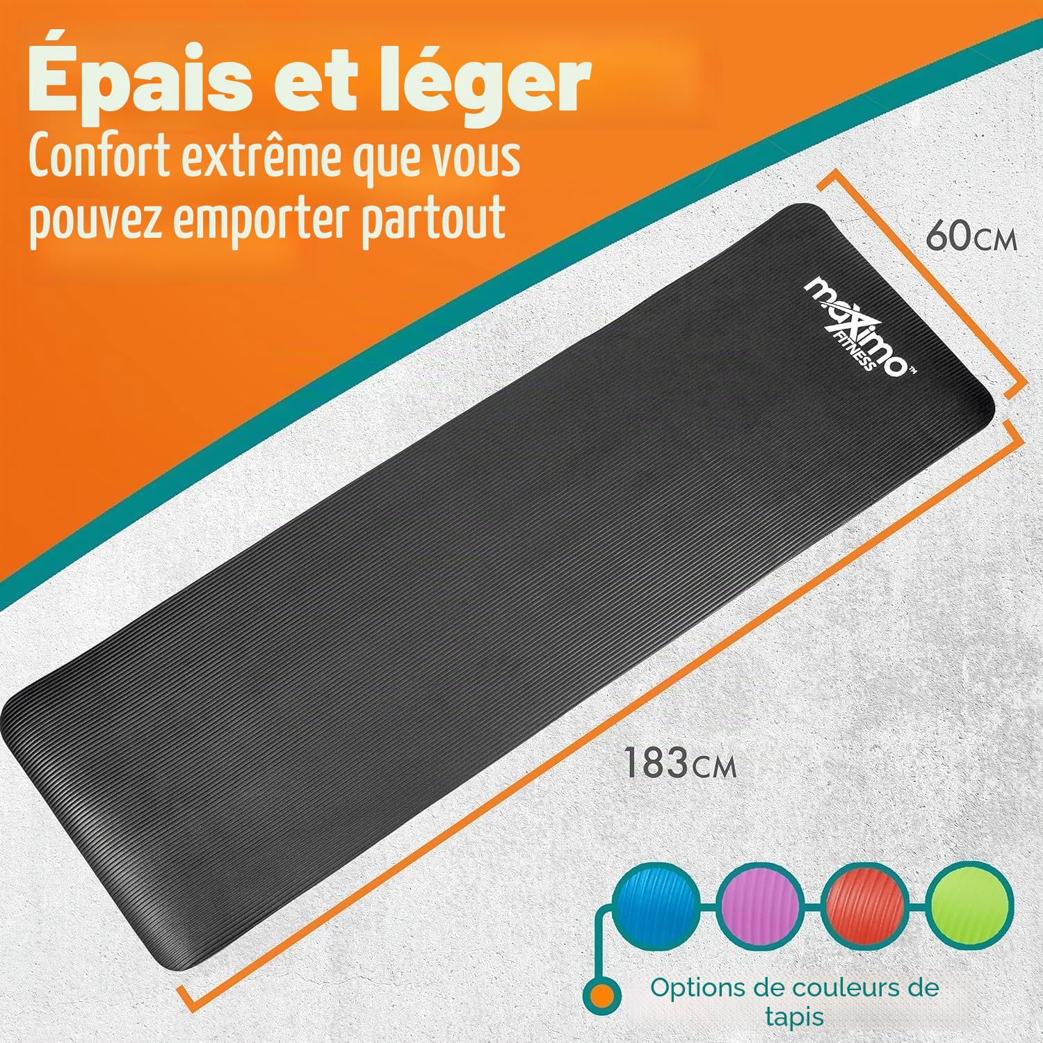 Maximo Fitness Tapis d'exercice physique NBR de haute qualité - Extra épais 12 mm, multi-usage - Parfait pour le yoga, le Pilates, les abdominaux.