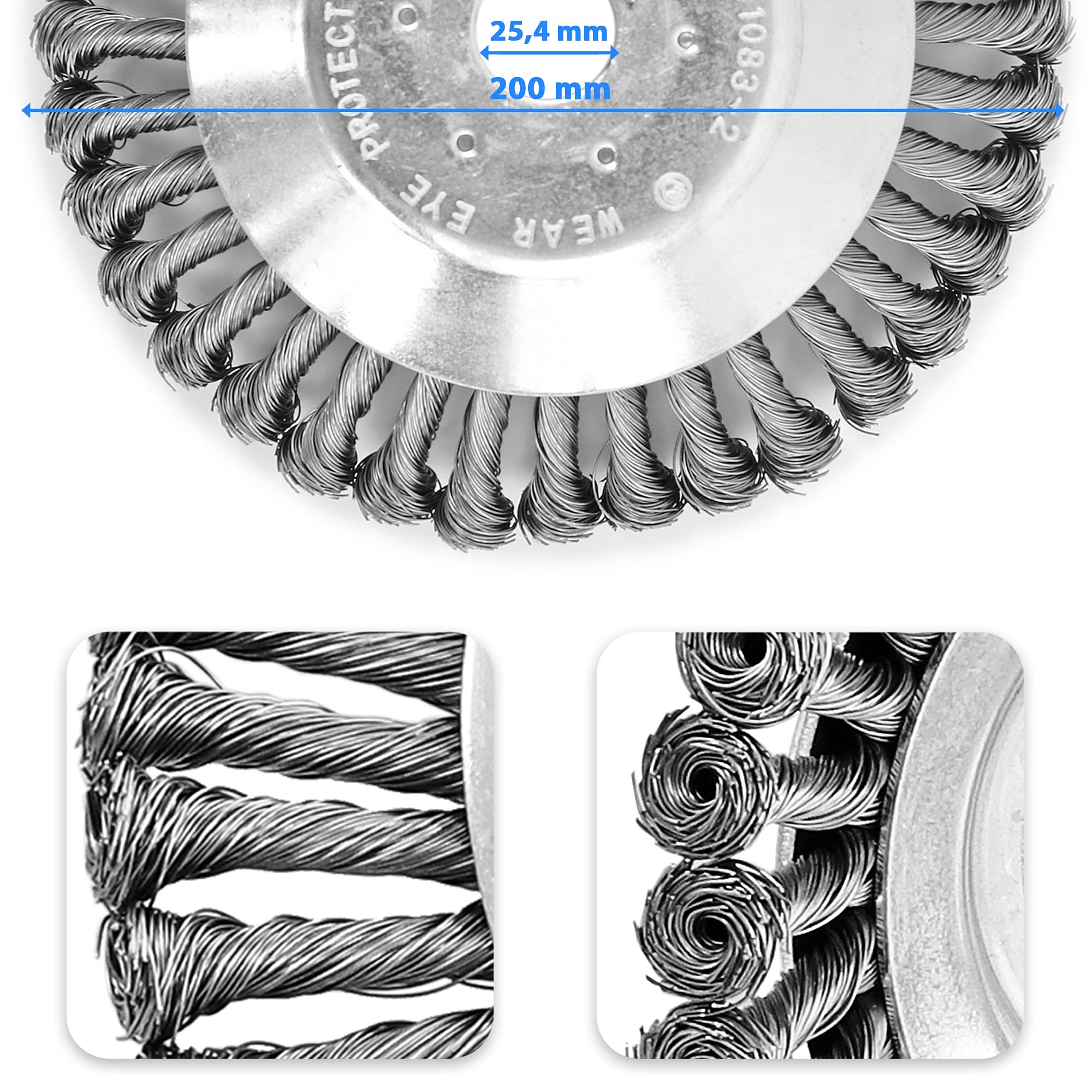 S&R Unkrautbürste, Stahlbürste 200 mm x 25,4 mm, Set 5-tlg mit Zubehör, gezopfter Stahldraht, Kegelbürste für Motorsense, Wildkrautbürste gegen Unkraut, Moos, starke Verunreinigungen
