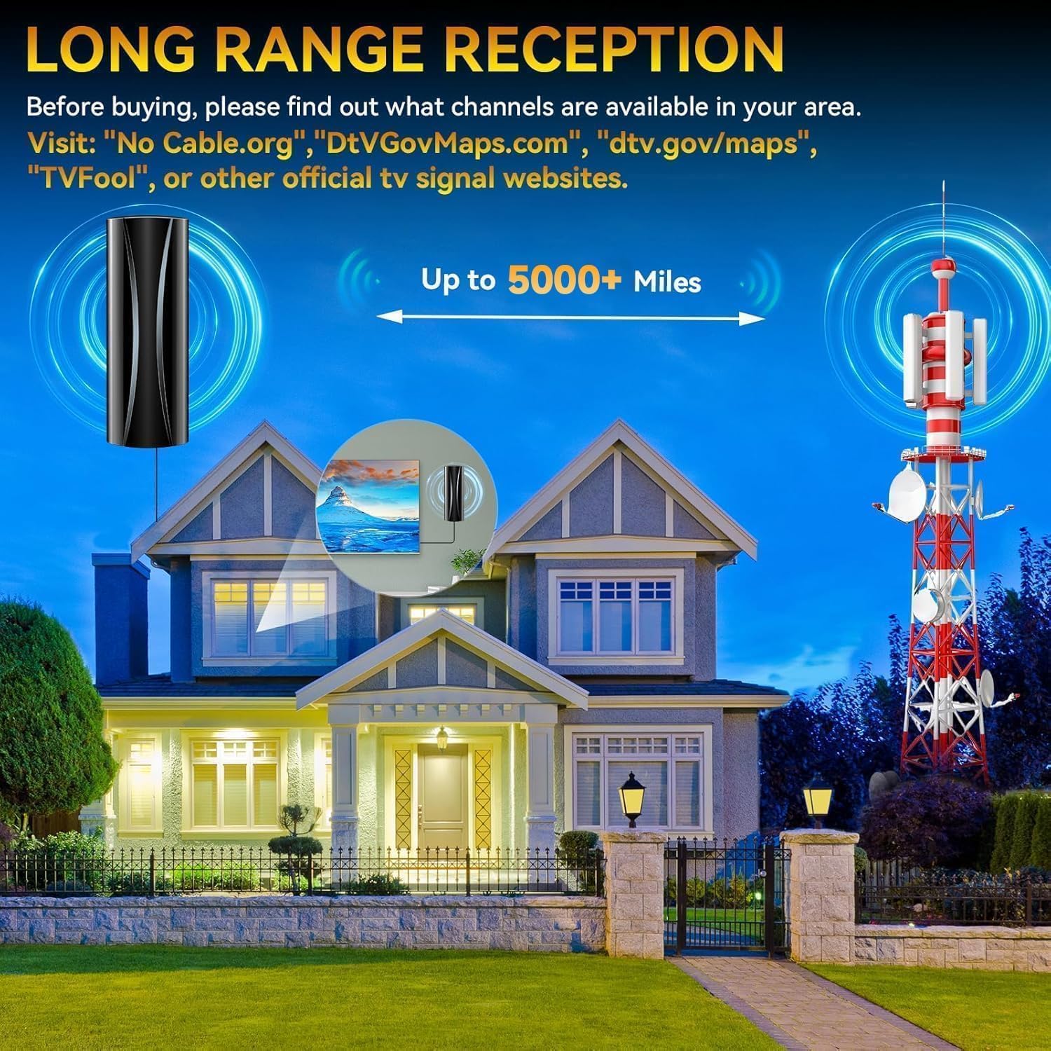 4500+ Miles Range Digital TV Antenna Indoor, TV Antenna Indoor with Strongest Amplifier for Smart TV and Old TVs-38ft Coax Cable-Support 8K 4K 1080p