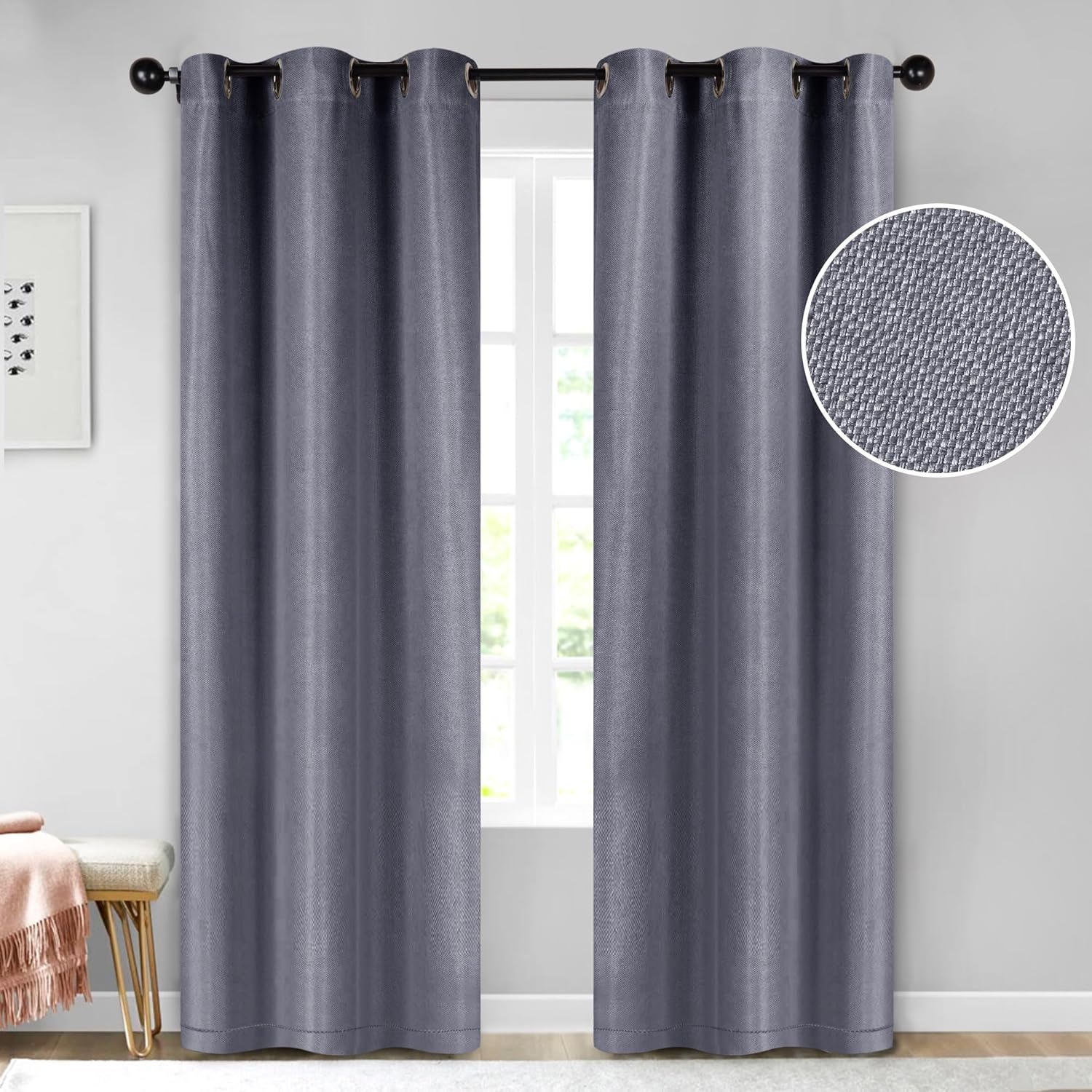 Superior Blackout Curtains, Sun Blocking Curtain for Bedroom, Solid, Textured, Living Window Accent, Room Darkening, Grommet Header, Jaxon Collection, Set of 2 Panels, 42" x 96", Silver