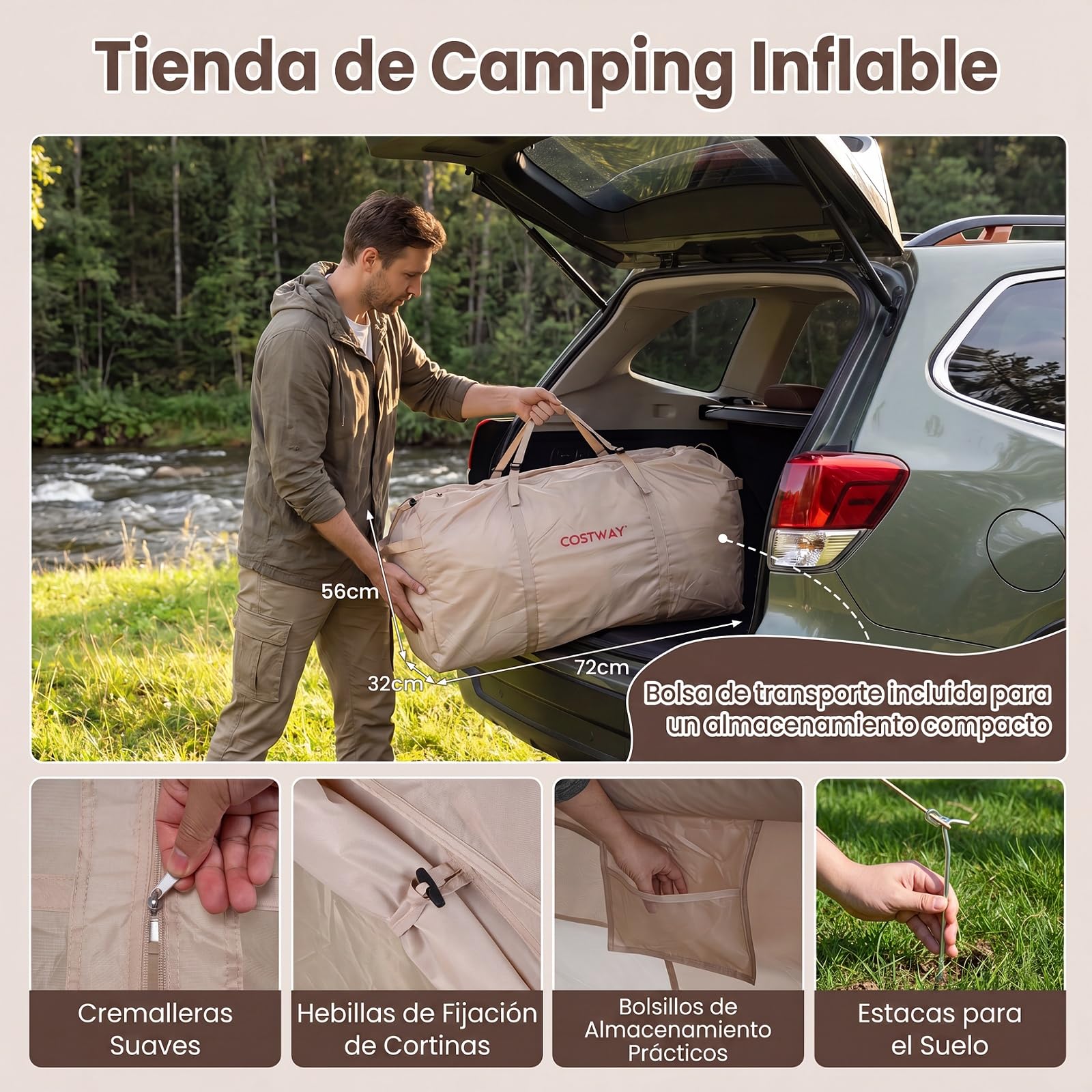 COSTWAY Tienda de Campaña Inflable con Claraboya, Tienda Glamping Familiar para 4 Personas con Puertas, Ventanas de Malla, Bomba de Aire, Bolsa de Transporte, Carpa Camping Exterior para 4 Estaciones