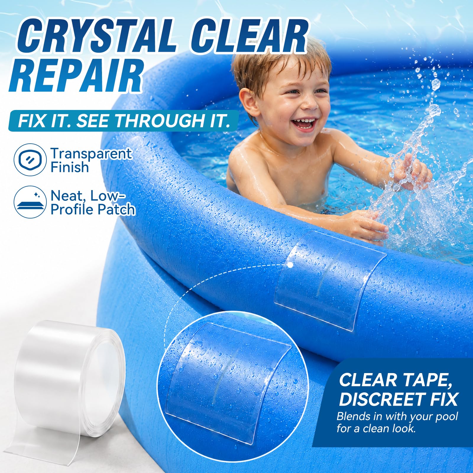 Vigorder Pool Reparaturset Unterwasser, 10x150cm PVC Pool Reparaturset, Unterwasserkleber & Transparentes Flex Tape, Selbstklebende Pool-Patches für Poolfolie, Schlauchboote und Luftmatratzen | Transparente, unsichtbare Reparatur