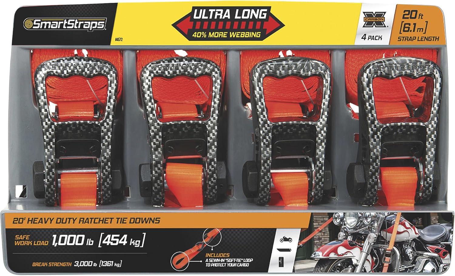 SmartStraps CarbonX Premium Ratchet Tie-Down Strap - 4-Pk. 1.125in. x 20ft. with J-Hook, 3000-Lb. Breaking Strength, Orange, Model Number 4572