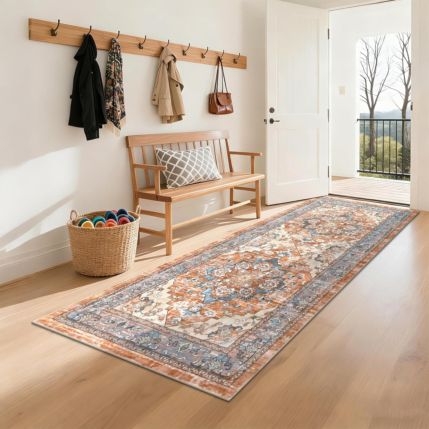 Bsmathom Washable Runner Rug 3x6, Floral Non Slip Boho Hallway Runner Rug with Rubber Backing, Low Pile Faux Wool Distressed Carpet for Kitchen, Laundry, Bedroom, Entrance