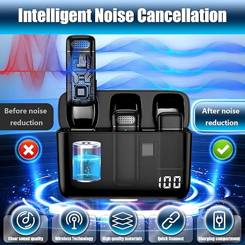 Miniatura 5 de YIMOCHI Micrófono Lavalier inalámbrico profesional para transmisión en vivo, entrevistas, grabación de vlogs, con estuche de carga y adaptador