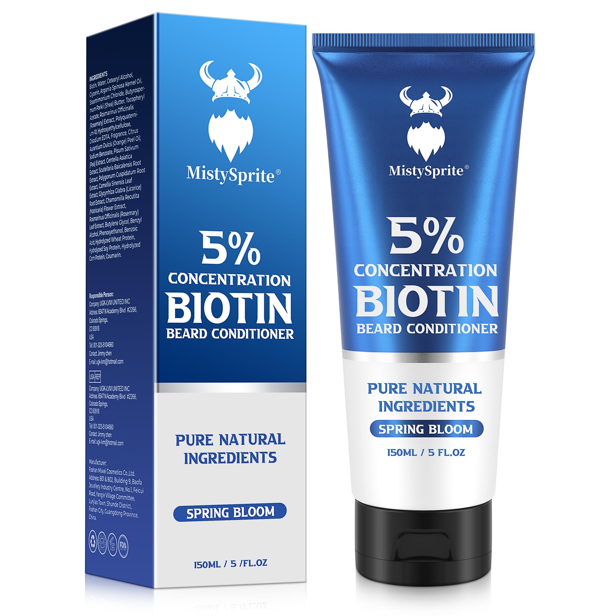 MistySprite Biotin Beard Conditioner - 5% Strength for Thicker Beard Growth, Less Itch - Hydrates & Softens Dry Coarse Facial Hair - 5 oz, Spring Bloom Scent