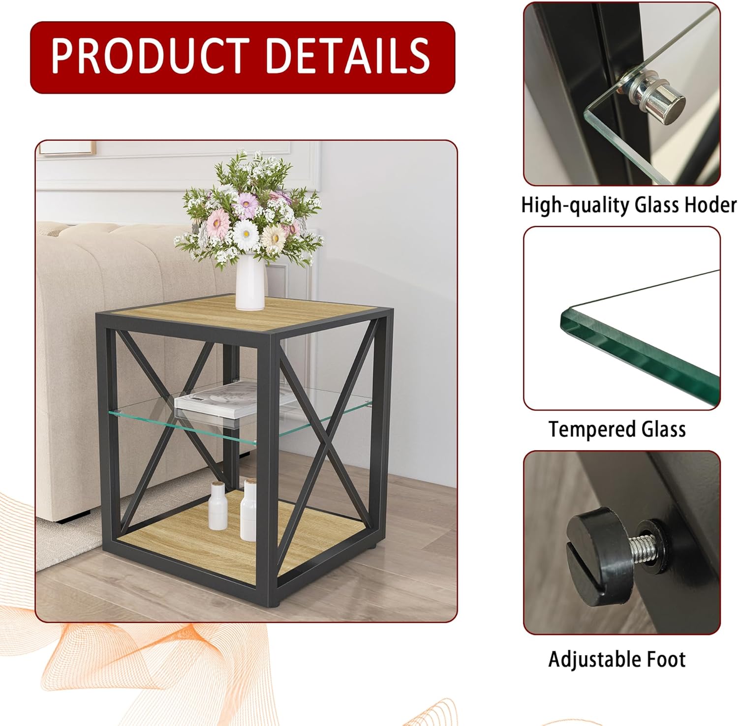 Bellemave 1 piece Side Table for Bedroom & Living Room, Modern End Table with 3-Tier Storage Shelve, Tempered Glass & Wood MDF, X-Frame Metal Support, Nightstand for Small Spaces, Natural