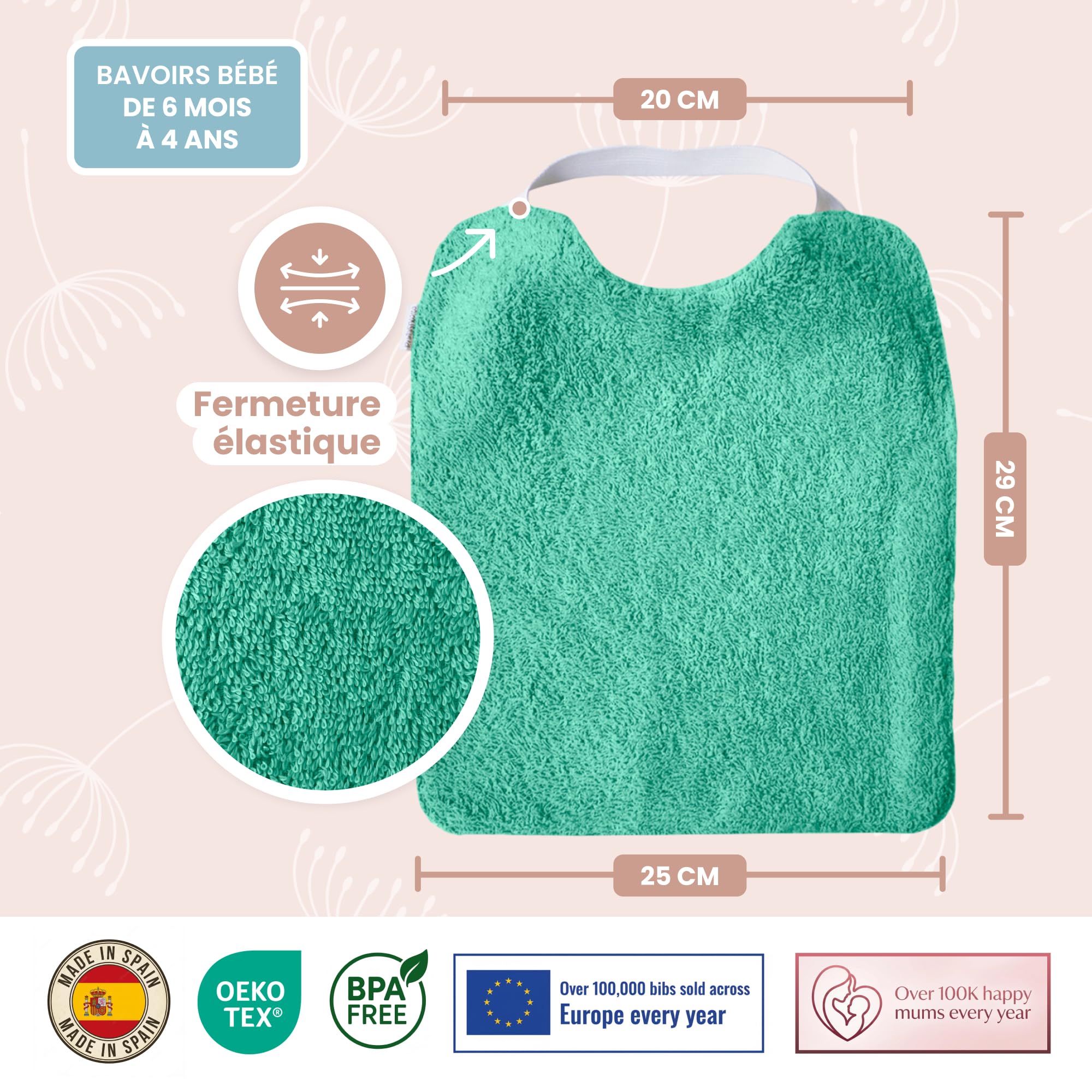 MIMUSELINA Lot de 5 Bavoirs Bebe Imperméables Réutilisables en Coton Premium avec Élastique au Cou | grand Bavoir Enfant BLW en Éponge Imperméable | Puericulture Bébé | Fabriqué à la Main en Espagne