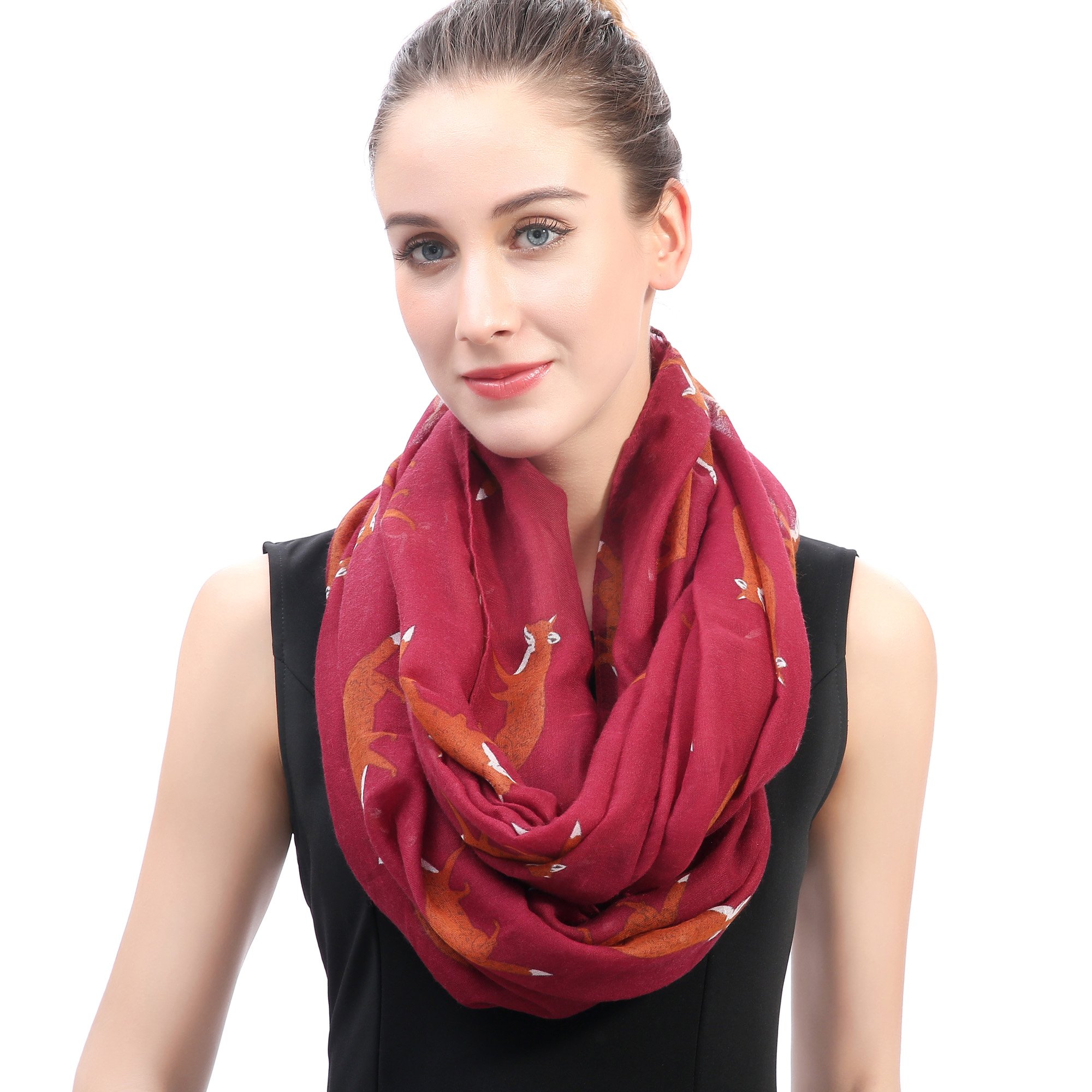 Lina & Lily Fox Animal Print Ladies Lightweight Snood Infinity Scarf (Red violet)