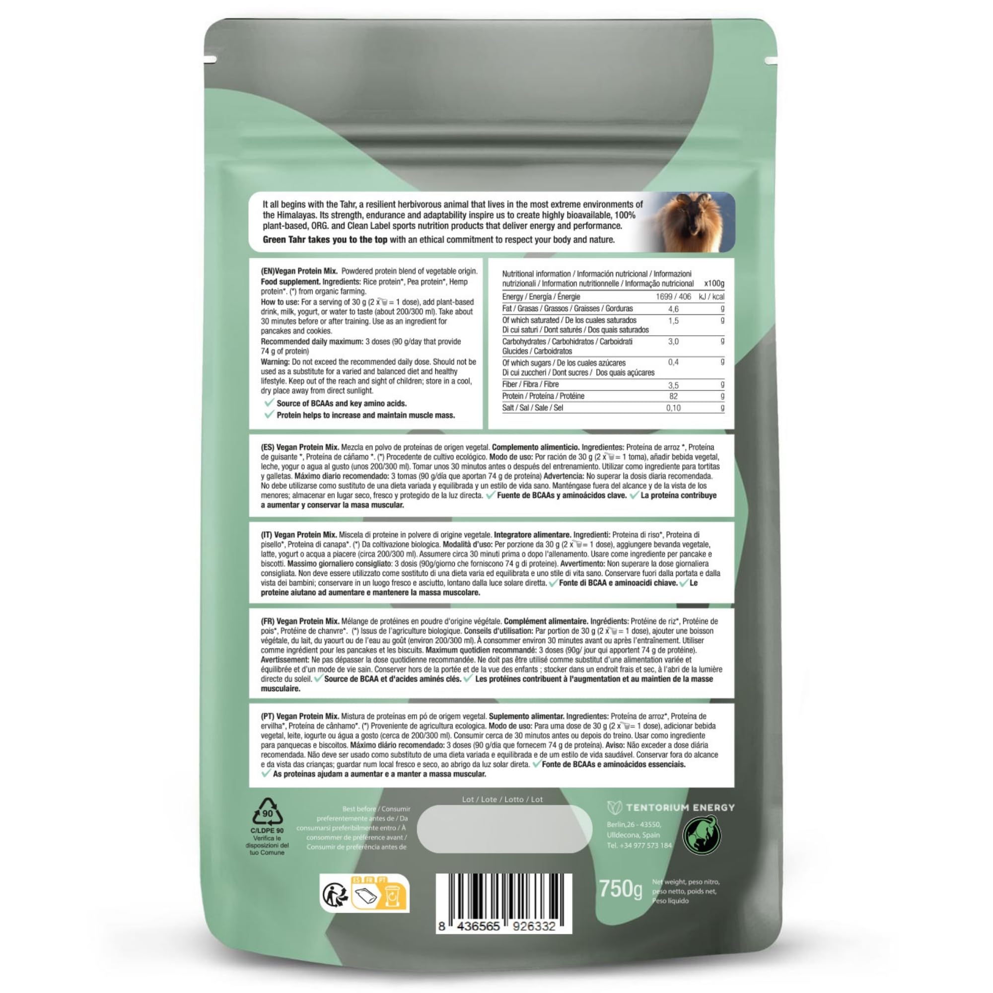 Green Tahr Proteine Vegane in Polvere Bio Gusto Neutro 750g. 82% Proteine Vegetali ONA.Ingredienti: Piselli, Riso e Canapa. Integratore Massa Muscolare Senza Zucchero Aggiunto, Lattosio né Glutine