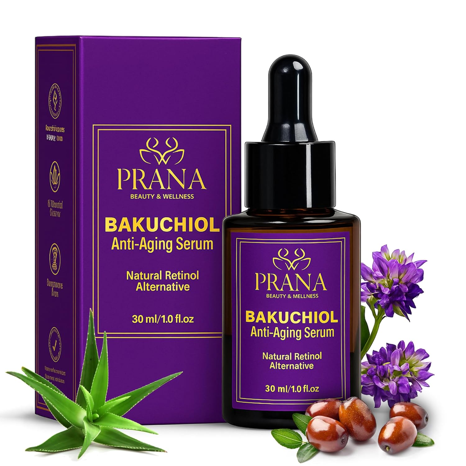 PRANA Bakuchiol Anti-Aging Serum – Ayurvedic Retinol Alternative with Squalane & Jojoba – Hydrating Serum for Wrinkles, Fine Lines & Radiant Skin – Fragrance-Free & 100% Vegan – 30ml