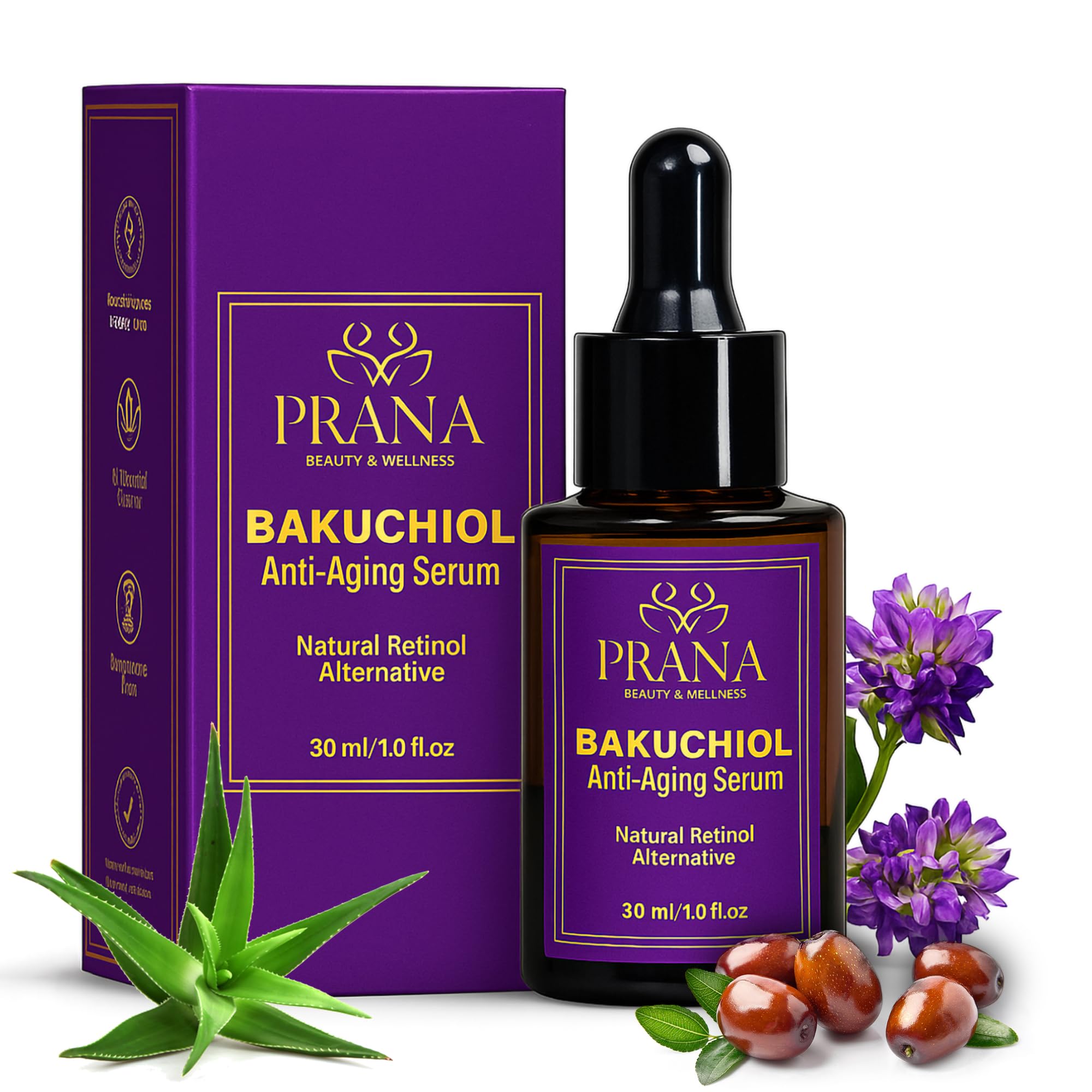 PRANA Bakuchiol Anti-Aging Serum – Ayurvedic Retinol Alternative with Squalane & Jojoba – Hydrating Serum for Wrinkles, Fine Lines & Radiant Skin – Fragrance-Free & 100% Vegan – 30ml
