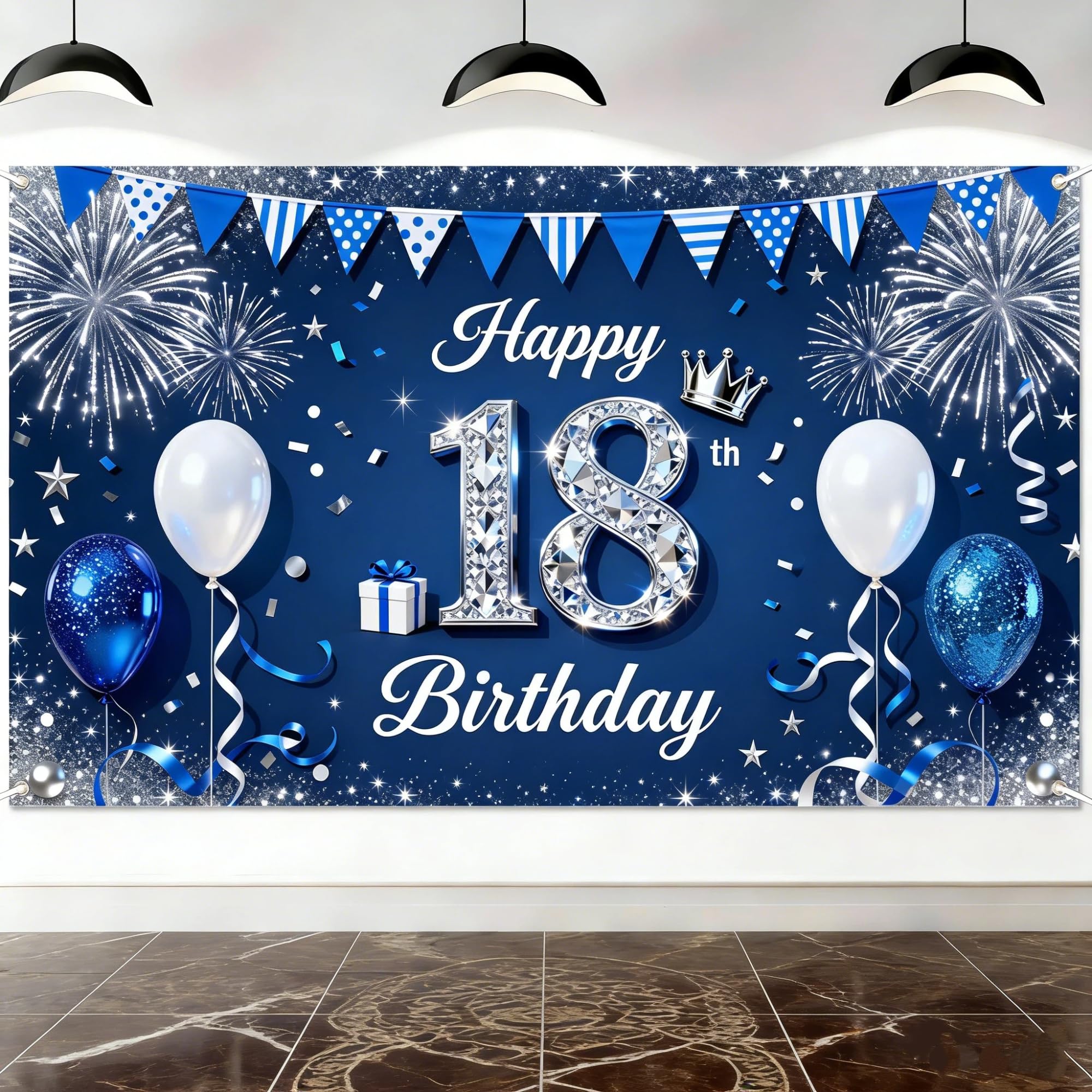 Happy 18th Birthday Banner, Blue Silver 18th Birthday Decorations Backdrop Banner for Boys Girls, Large Photo Background Fabric Banner for 18 Years Old Birthday Party