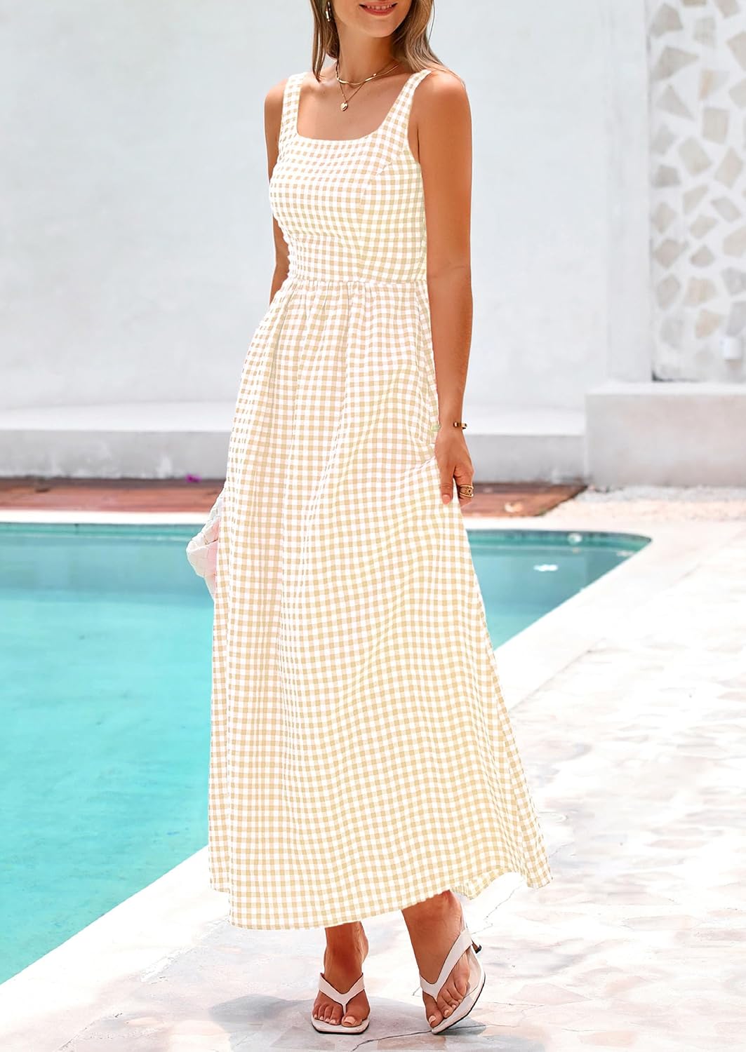 PRETTYGARDEN Women's 2026 Summer Spaghetti Strap Maxi Dresses Plaid Square Neck A Line Casual Beach Vacation Long Sundress - Image 4