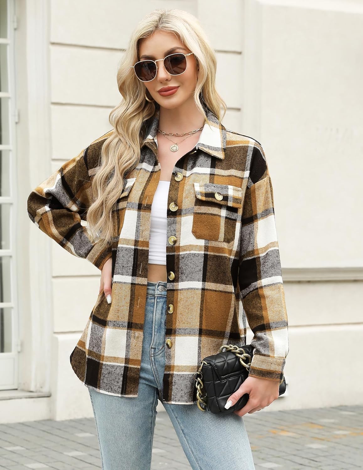 HOTOUCH Womens Flannel Plaid Shacket Jacket Button Down Tartan Trench with Pocket Long Sleeve Cropped Fashion Coat S-XXL - Image 4