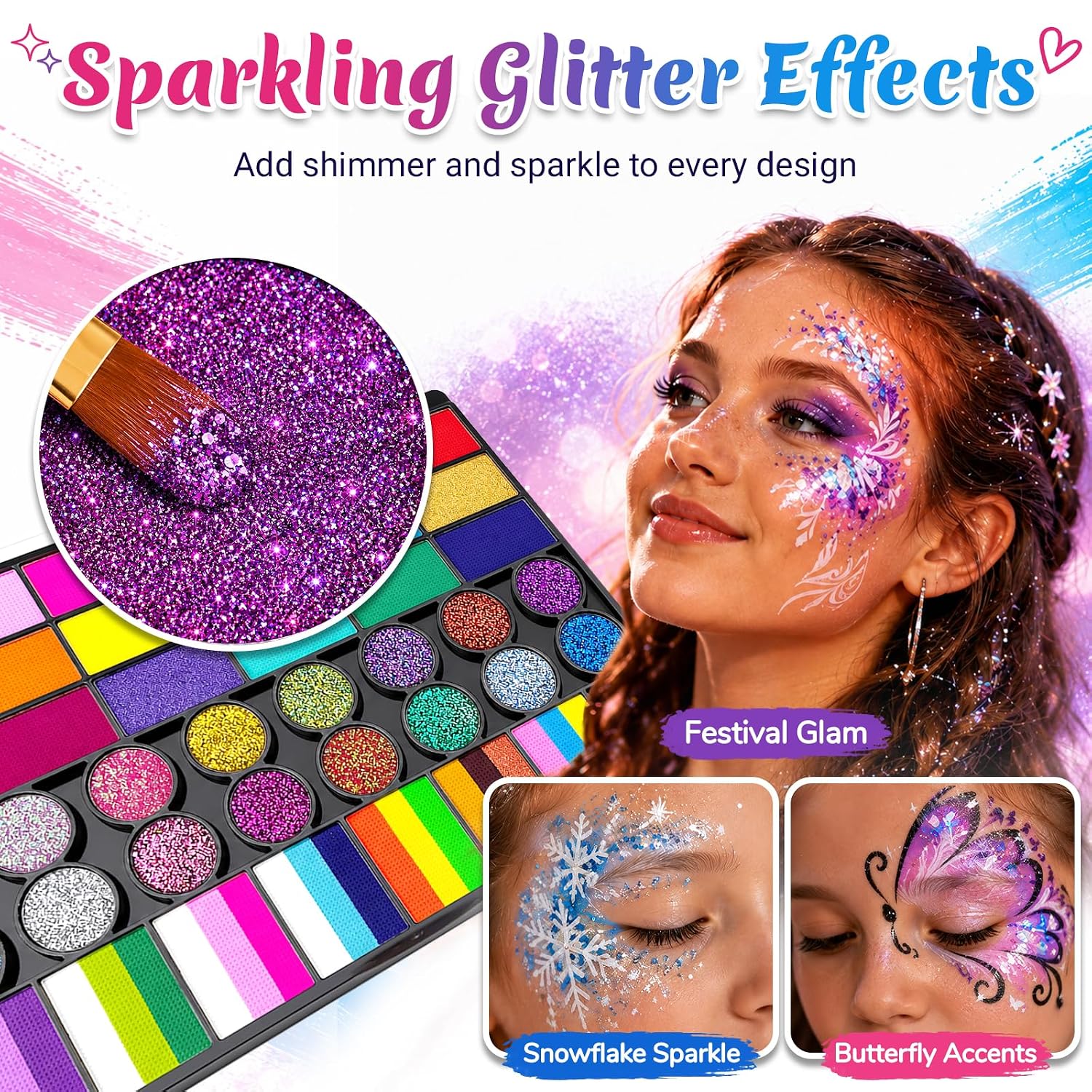42-Color Face Paint Kit with Split Cake, Glitter & UV Face Paint | Water-Activated Formula with Brushes, Stencils & Accessories for Halloween, Birthday Parties, Cosplay & Festivals