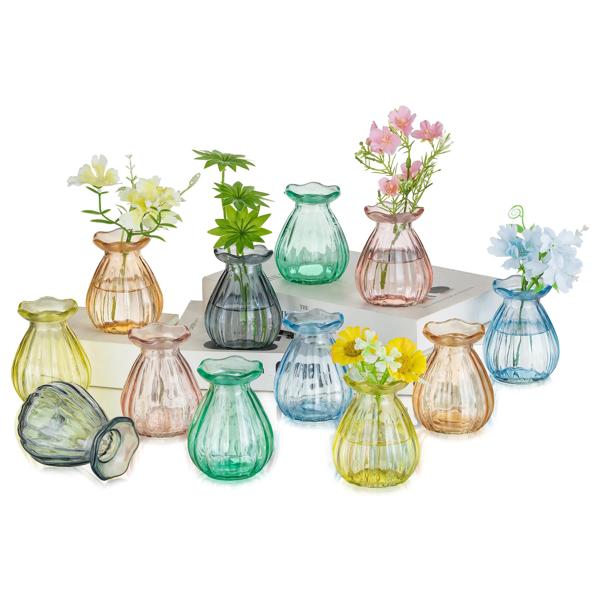 Hewory Small Bud Vases for centerpieces: 12 Pcs Glass Colored Vase for Flowers - Mini Ribbed Vases for Wedding Baby Bridal Shower Events Decorations
