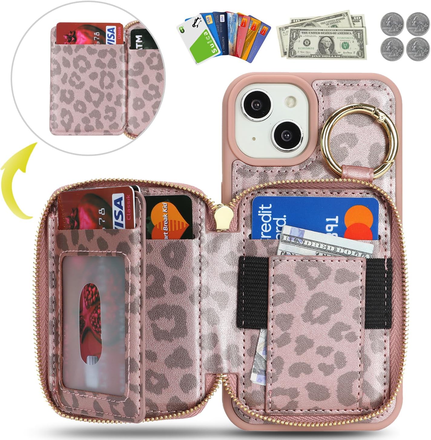 for iPhone 13 Case Wallet with Card Holder,for iPhone 13 Phone case Wallet with Zipper with Slot Kickstand Stand Case for Women and Man 5G 6.1 Inch-Rose Gold Leopard - Image 4